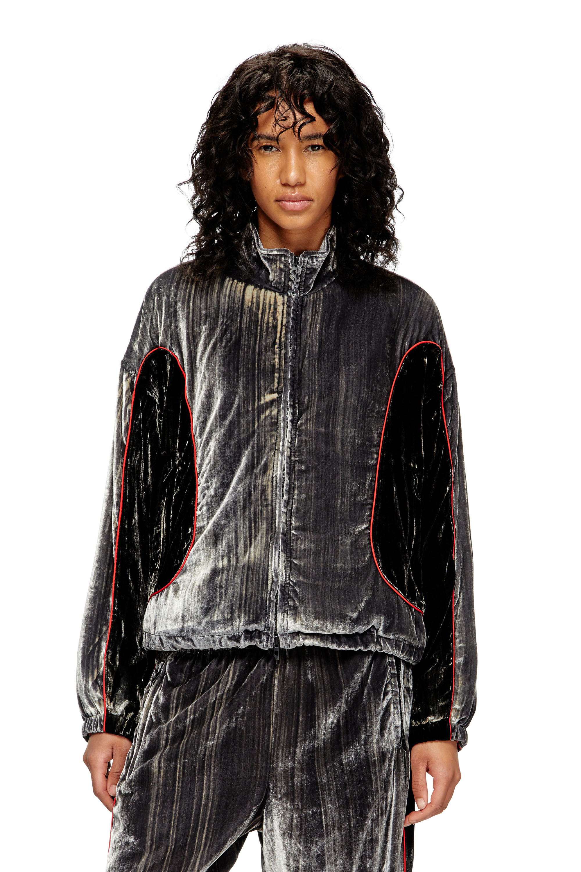 Diesel - G-RIFFIN, Woman's Track jacket in treated velvet in Dark grey - 1