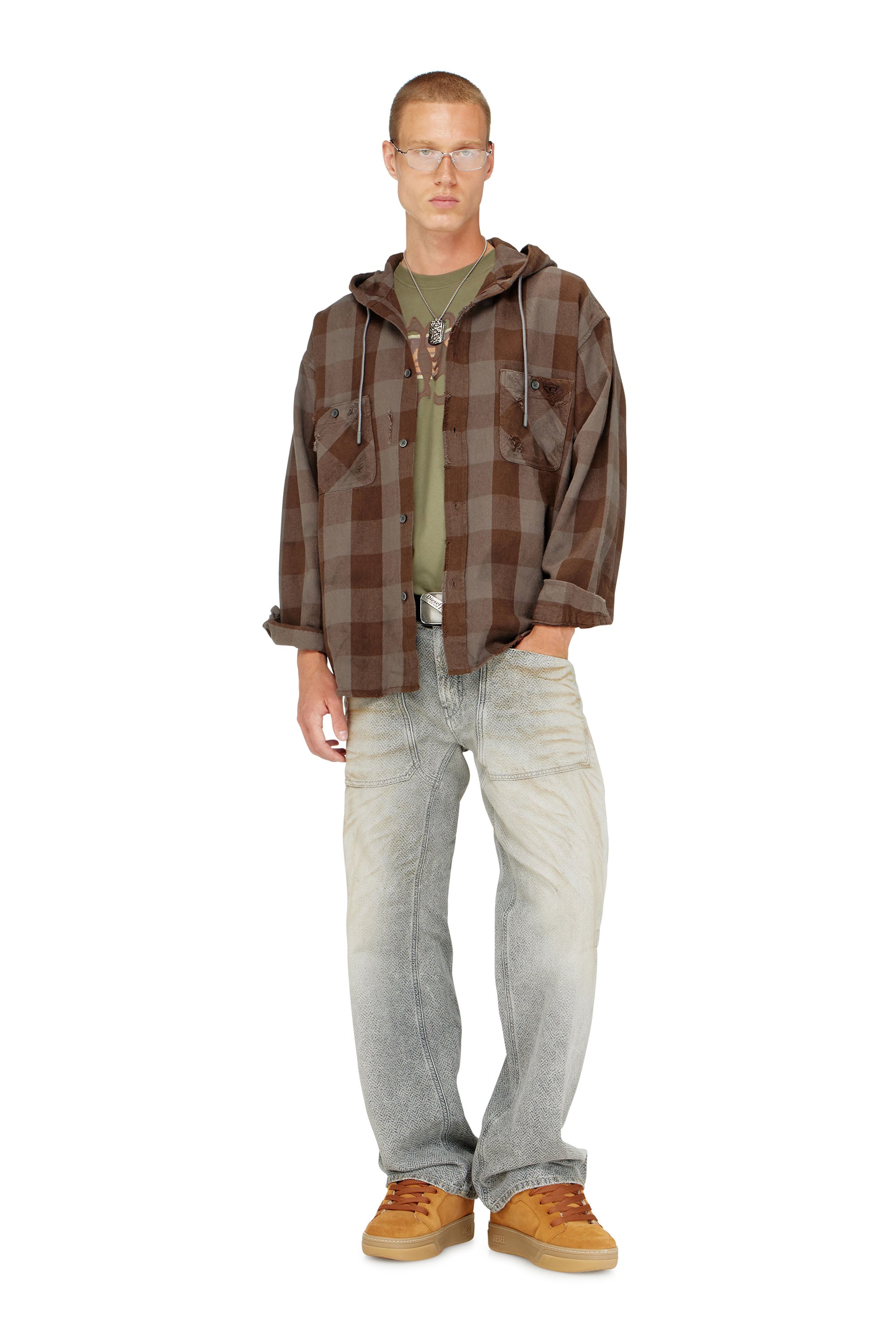 Diesel - S-DRUM-HOODY, Man's Distressed hooded shirt in check flannel in Brown/Grey - 2