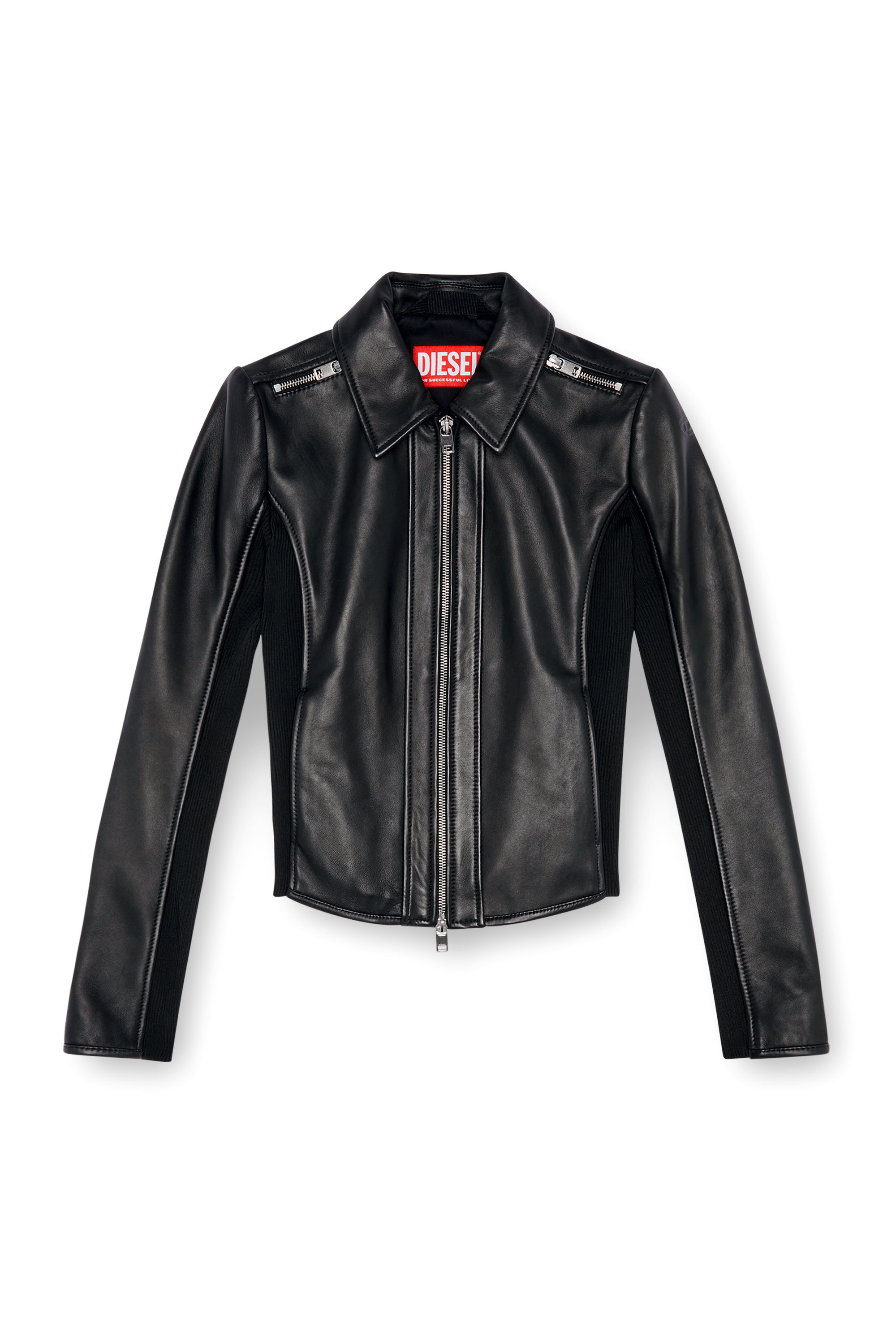 Diesel - L-SASK, Veste biker en cuir avec empiècements côtelés Femme in Noir - 3