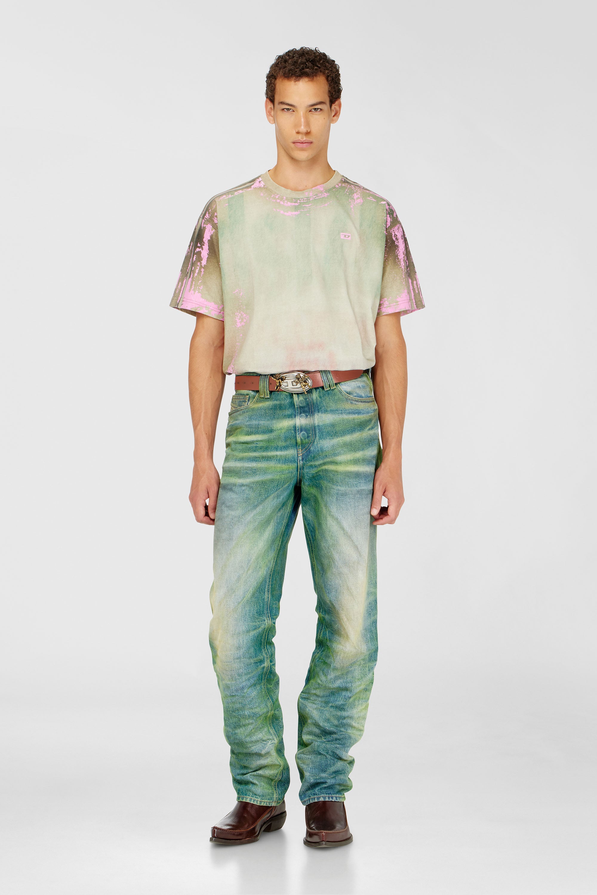 Diesel - T-FILMY-SHO, Male's T-shirt in cracked leather-effect jersey in Pink/Green - 2