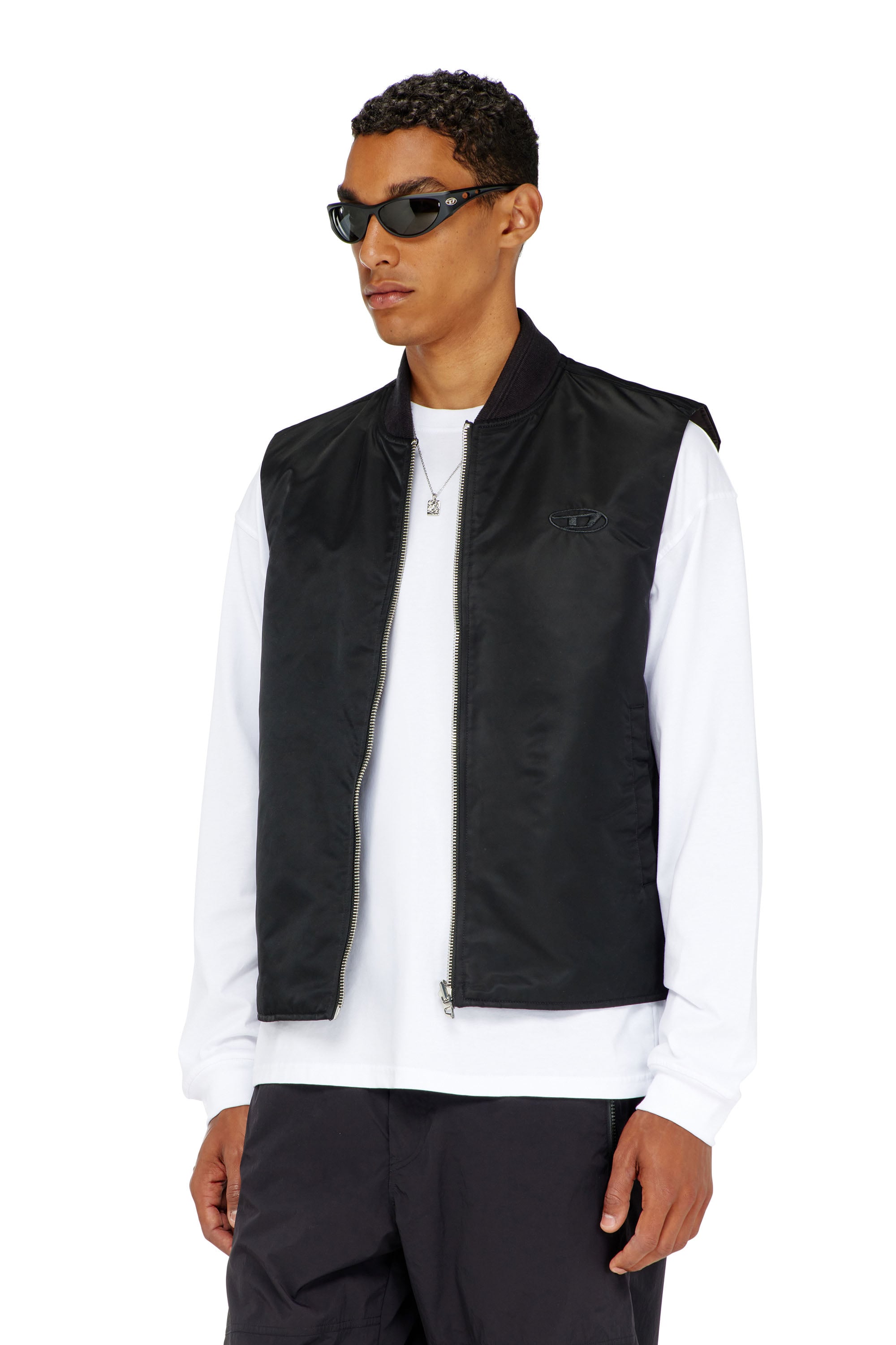 Diesel - W-TYPE-D1-SL, Man's Padded satin vest with Oval D embroidery in Black - 1