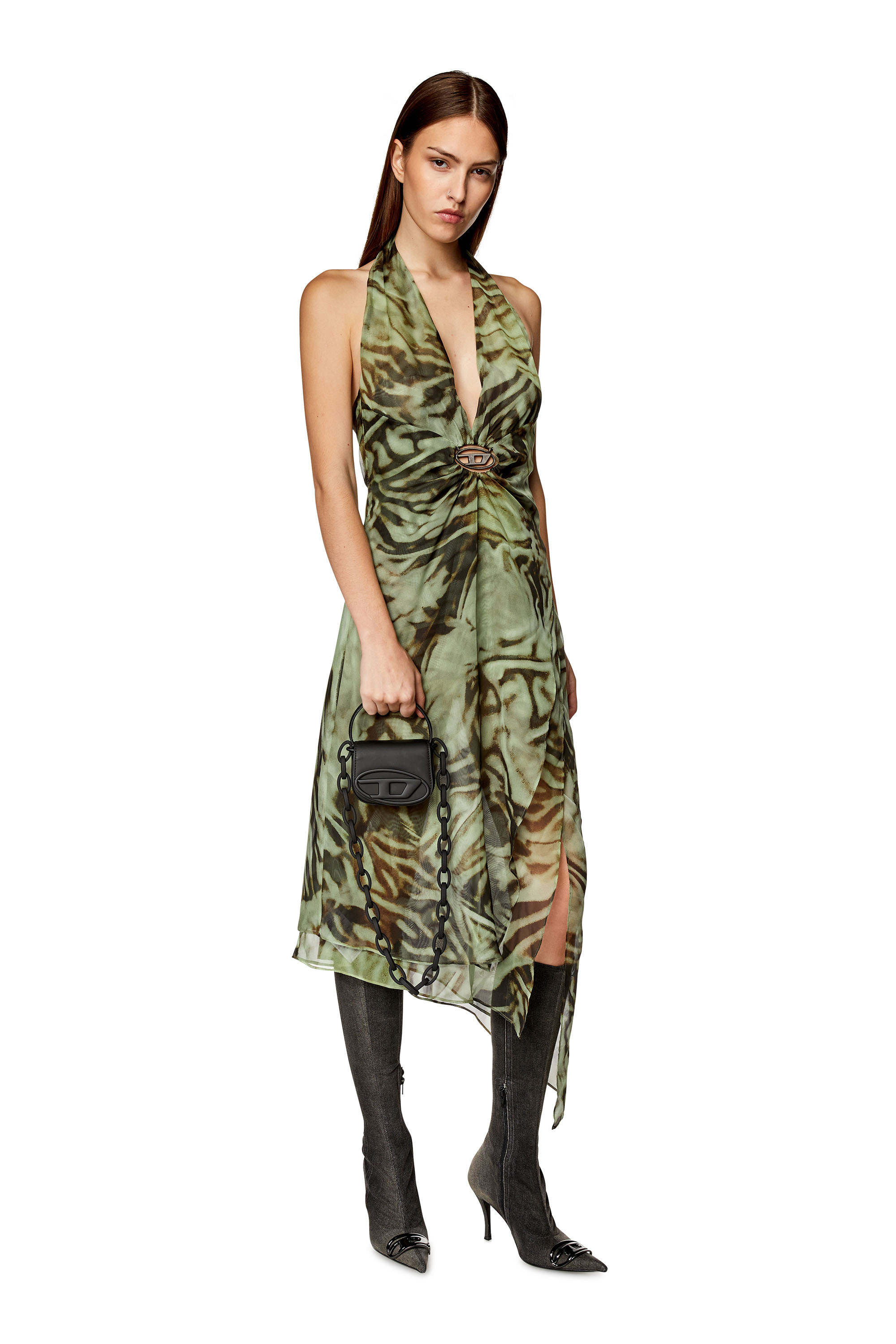 未使用品 DIESEL ライトストーン Dロゴ カモフラ バンドゥ キャミ S Women's Asymmetric midi dress in camo chiffon | Green | Diesel