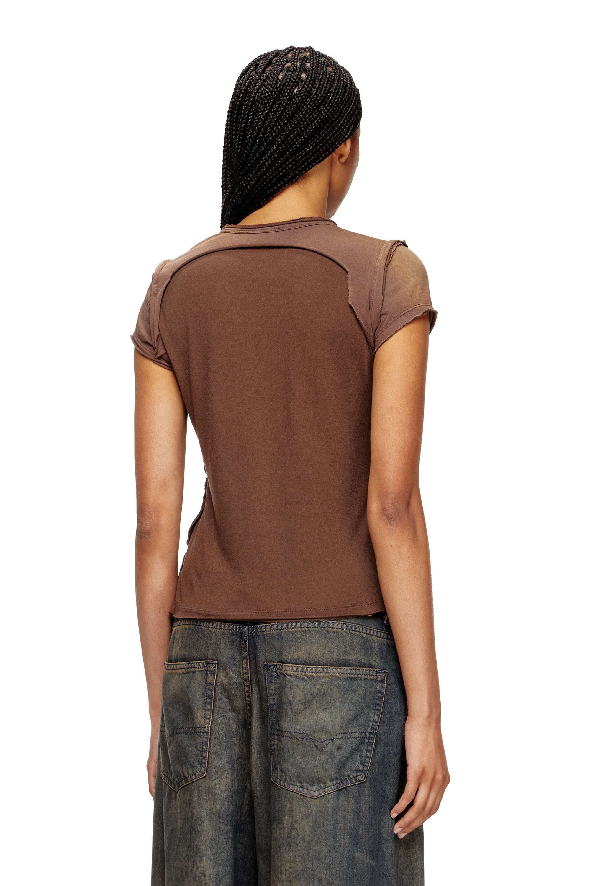 Diesel - T-UNRAWY, Female's Henley T-shirt with peel-off effect in Brown - 4