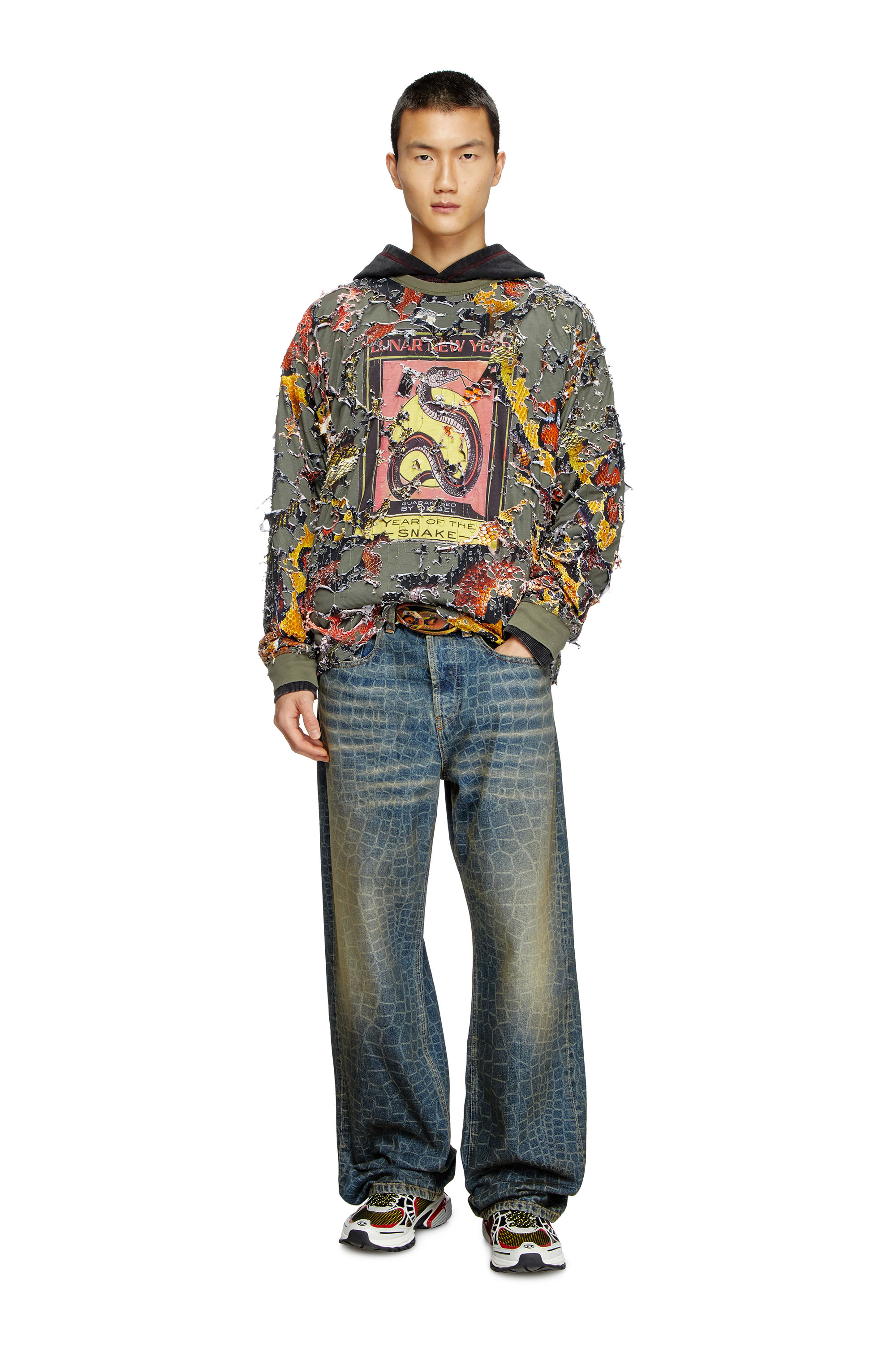 Diesel - CL-T-BOXT-LS-DEVOR-SNAKE, T-shirt à manches longues avec imprimé serpent effet destroy Mixte in Vert - 3