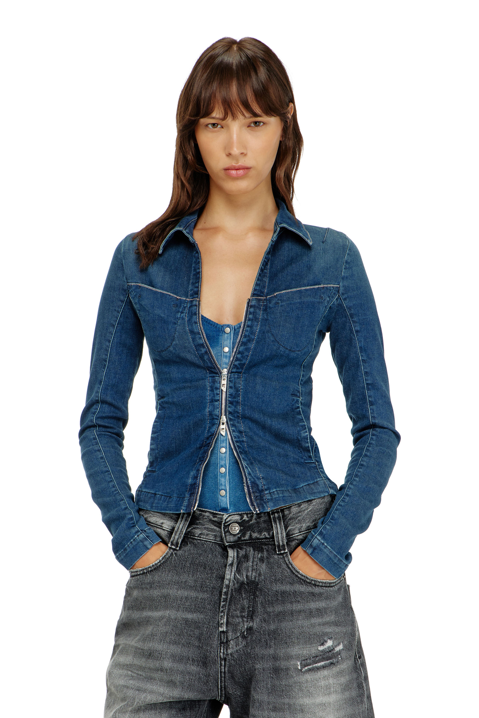 Diesel - DE-QUINOR-S1, Camisa con cremallera completa en denim Mujer in Azul marino - 3