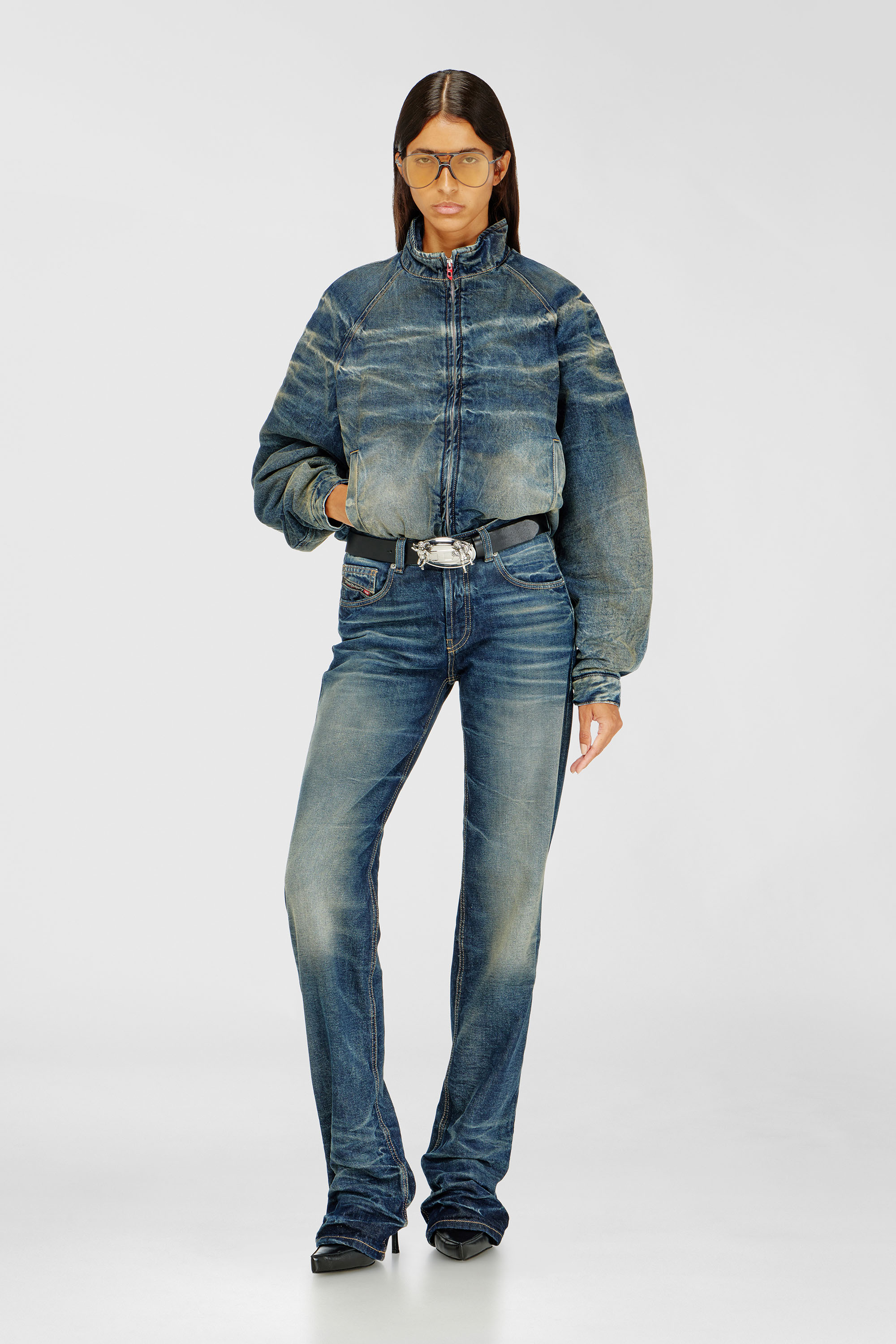 Diesel - DE-BARUS-FSJ1, Female's Padded jacket in dirty-effect creased denim in Medium Blue - 1