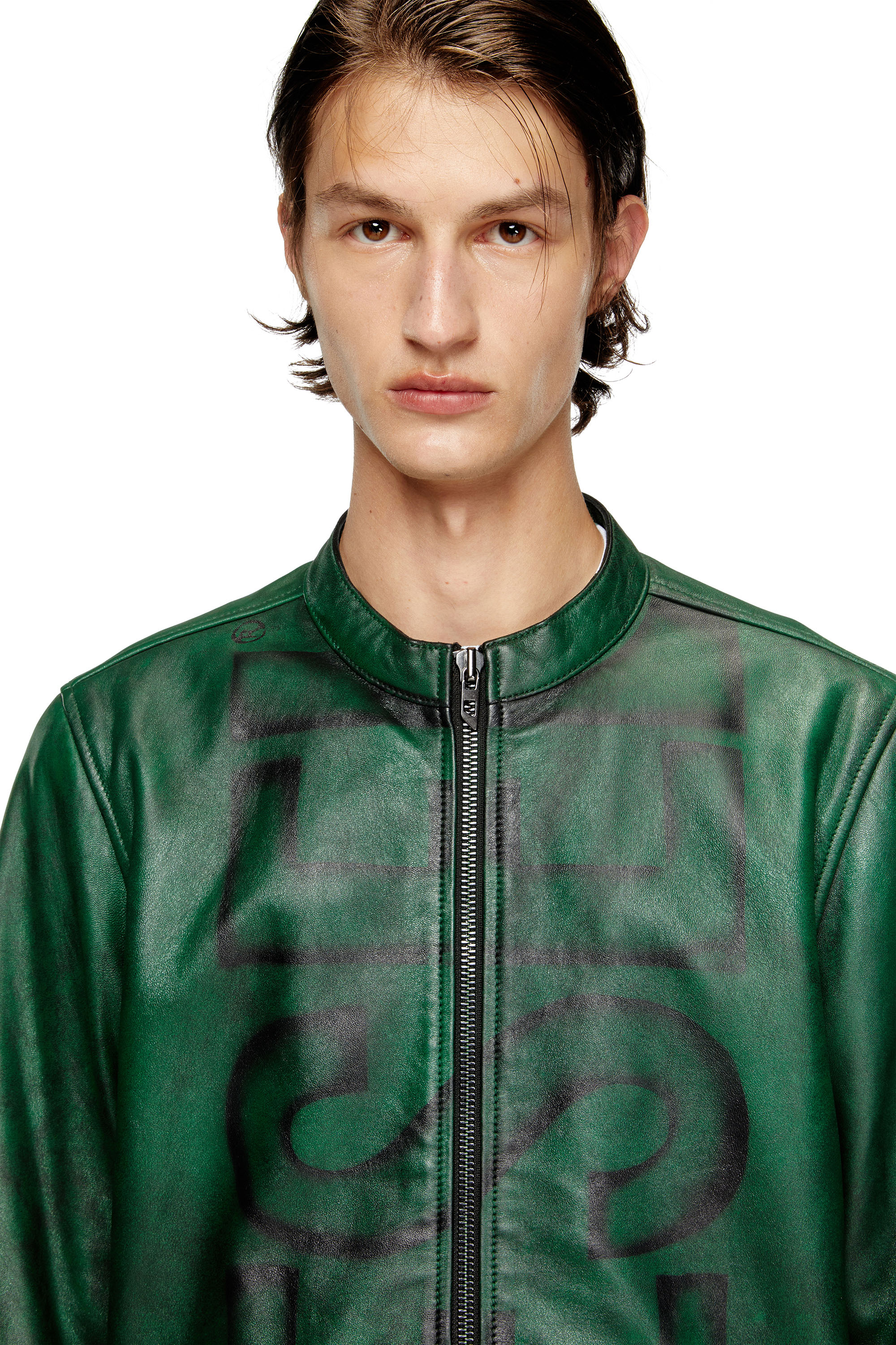 Diesel - L-EVERT-A, Man's Treated leather biker jacket with faded logo in Green - 3