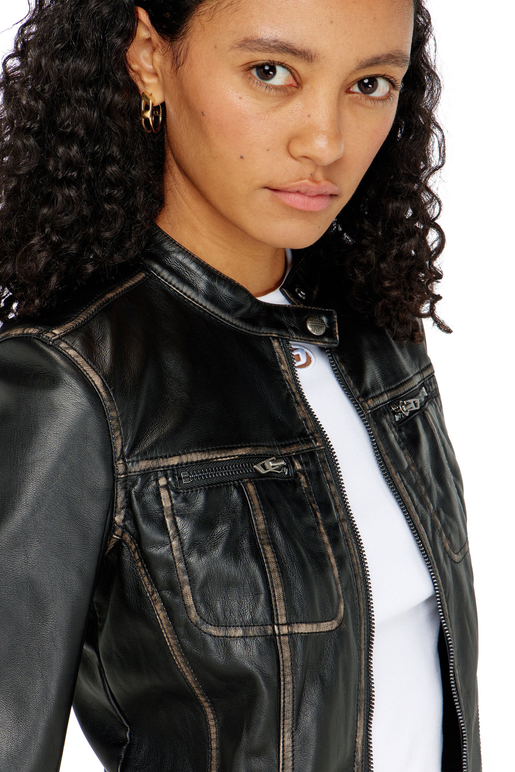 Women's Cropped distressed biker jacket | Black | Diesel {{Country}}