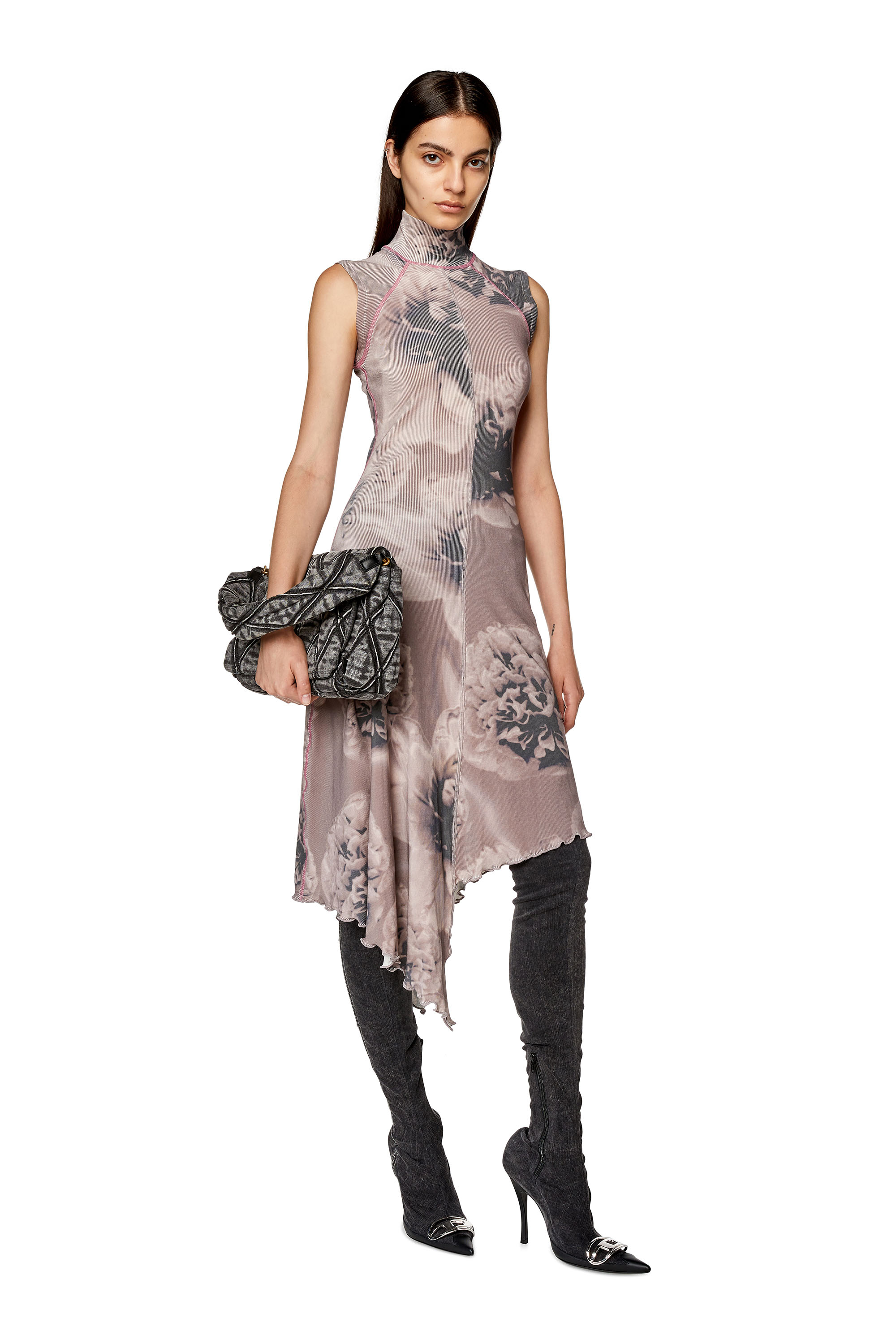 Diesel - D-RIBEL-L1, Woman's Asymmetric midi dress with floral print in Black/Grey - 1
