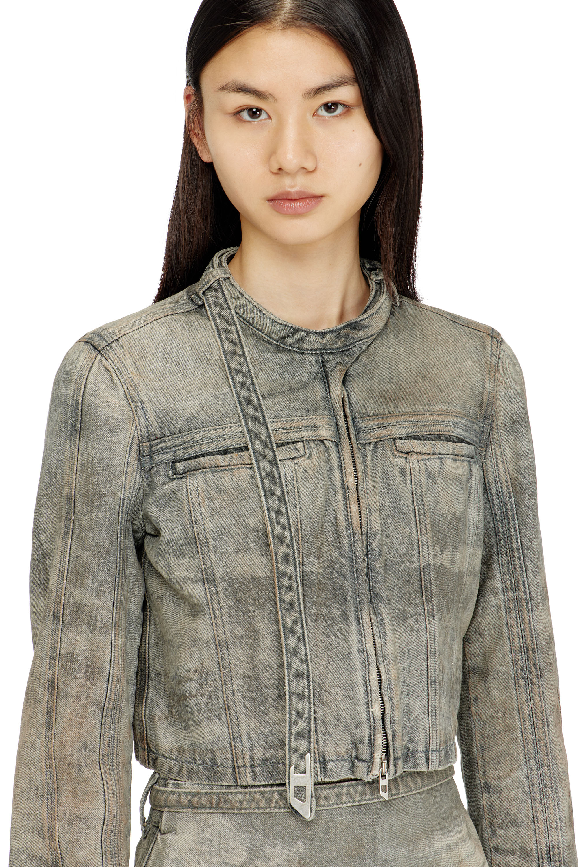 Diesel - DE-SAPHIX-FSI1, Chaqueta corta de sat&eacute;n denim de algod&oacute;n y c&aacute;&ntilde;amo Mujer in Gris - 4