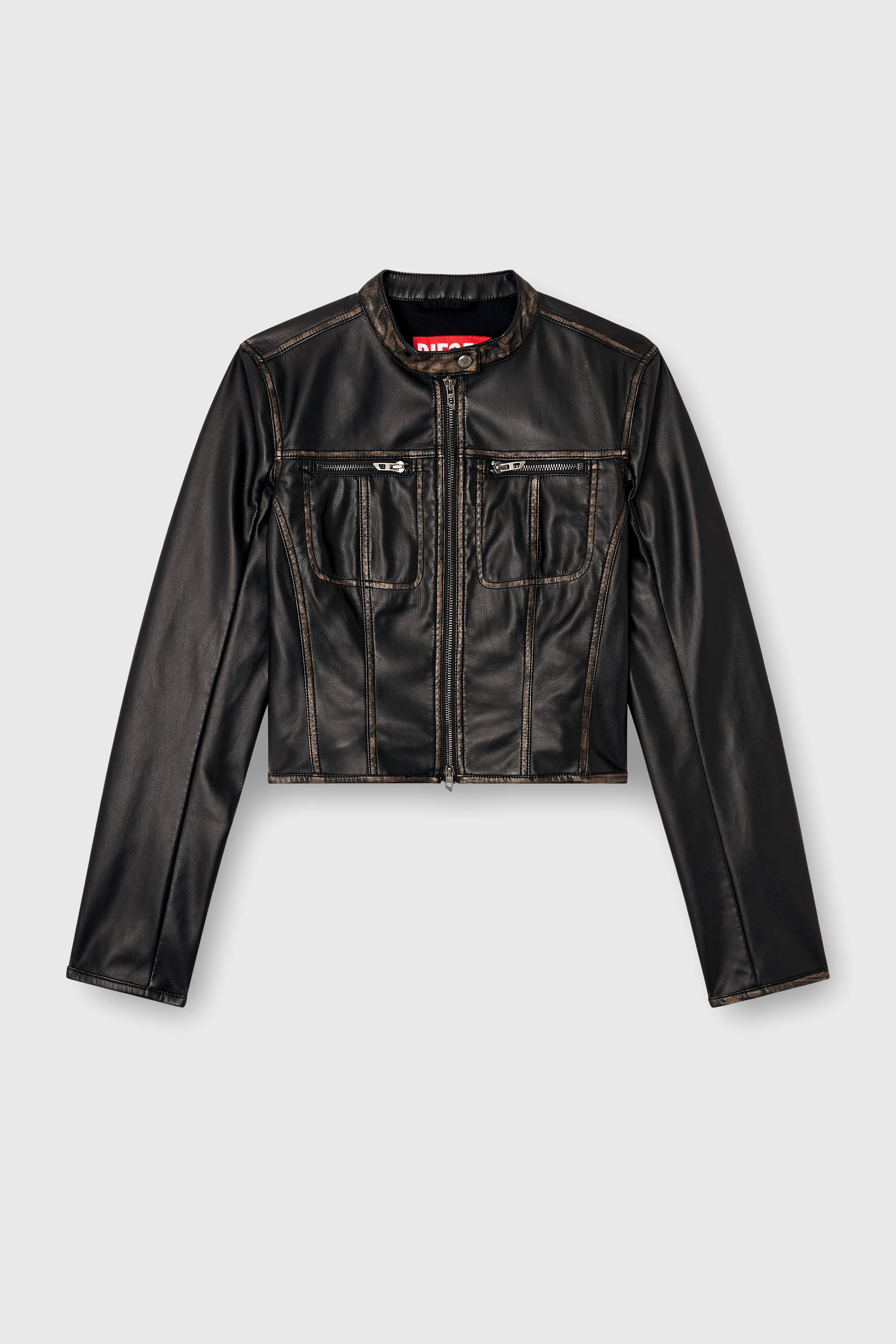 Diesel - G-LOBE, Chaqueta biker desgastada recortada Mujer in Negro - 2