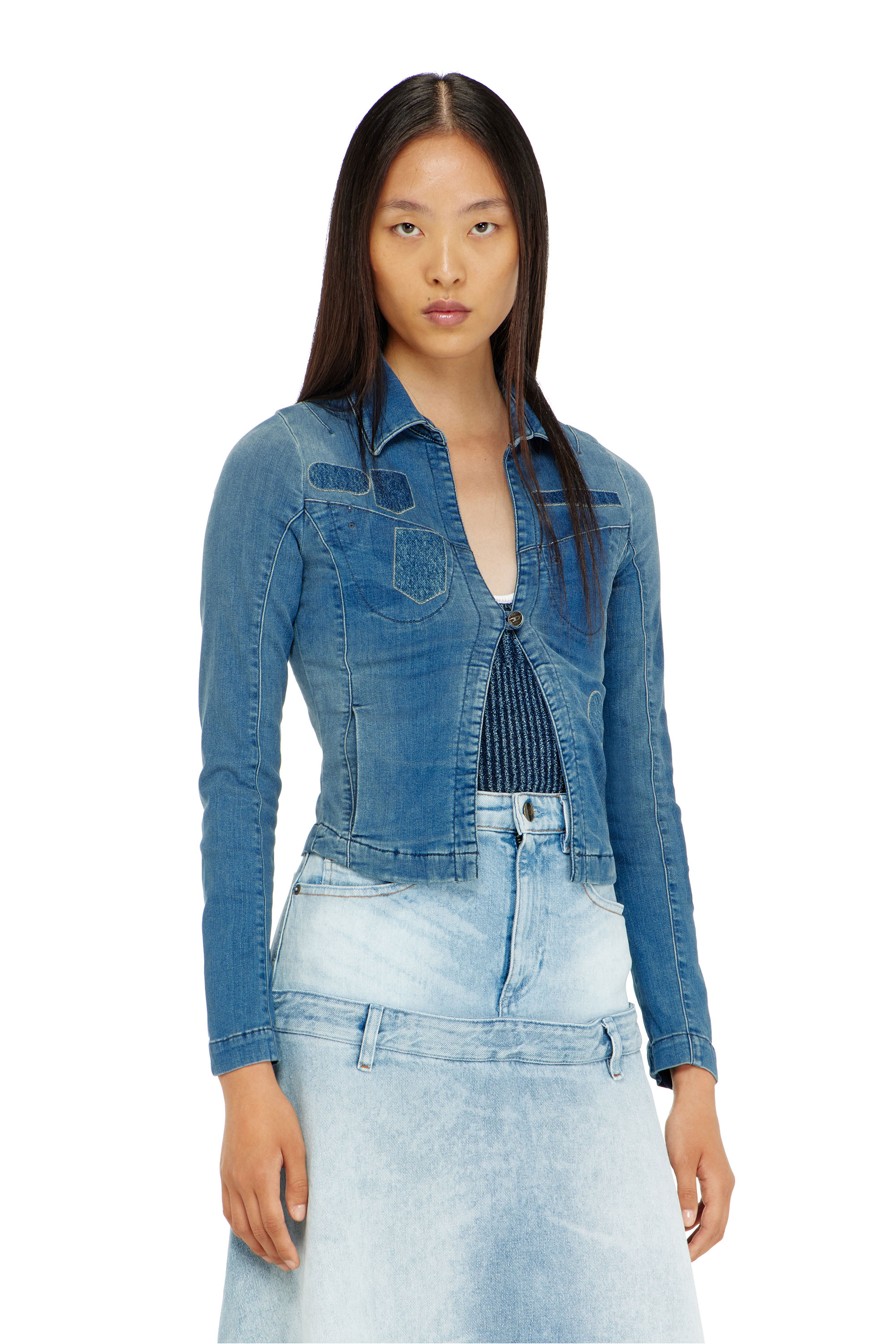 Diesel - DE-VILARA-S, Woman's One-button denim shirt with patch effects in Blue - 1