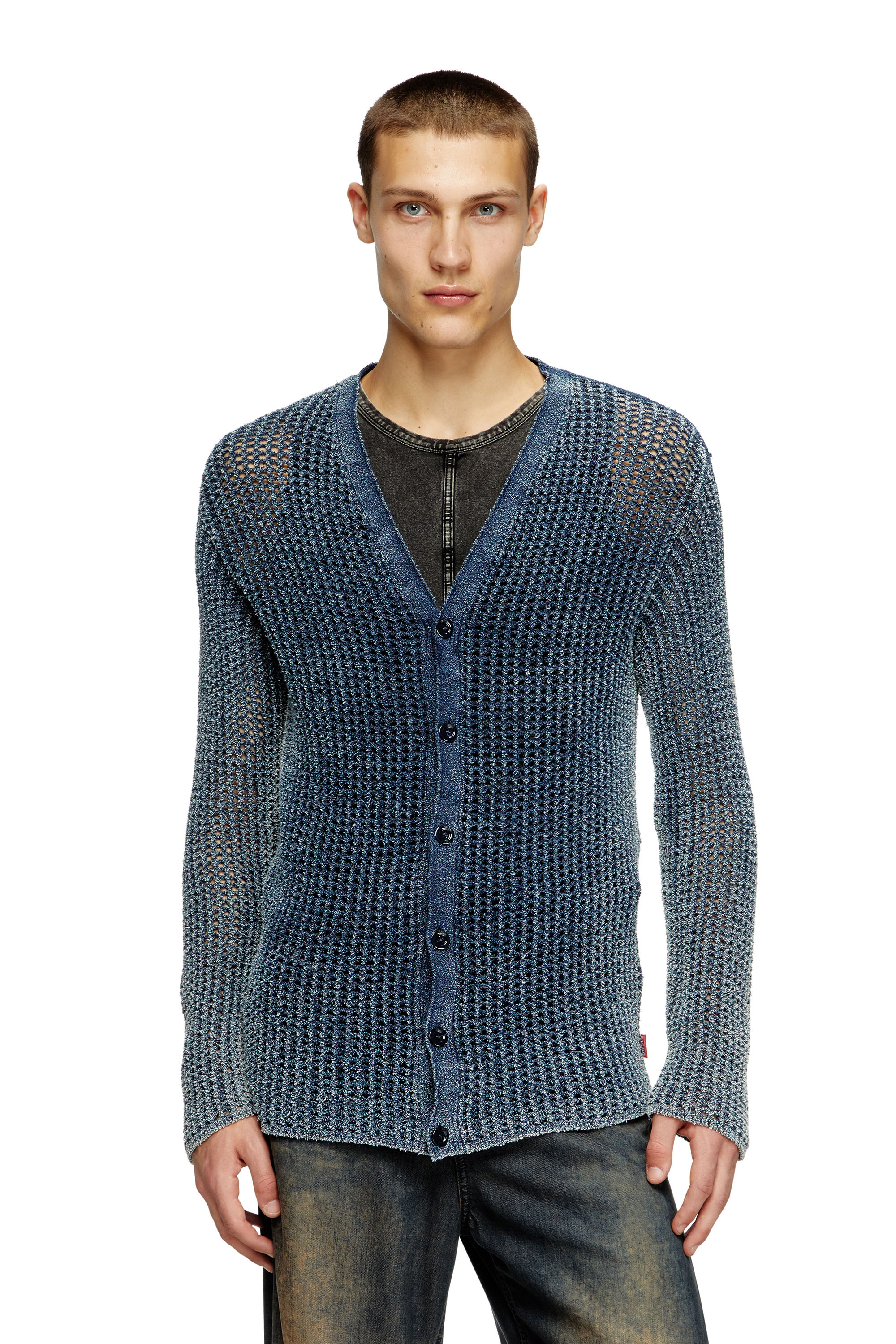 Diesel - K-REDRAM, Male's Mesh-knit cardigan in denim yarn in Blue - 3