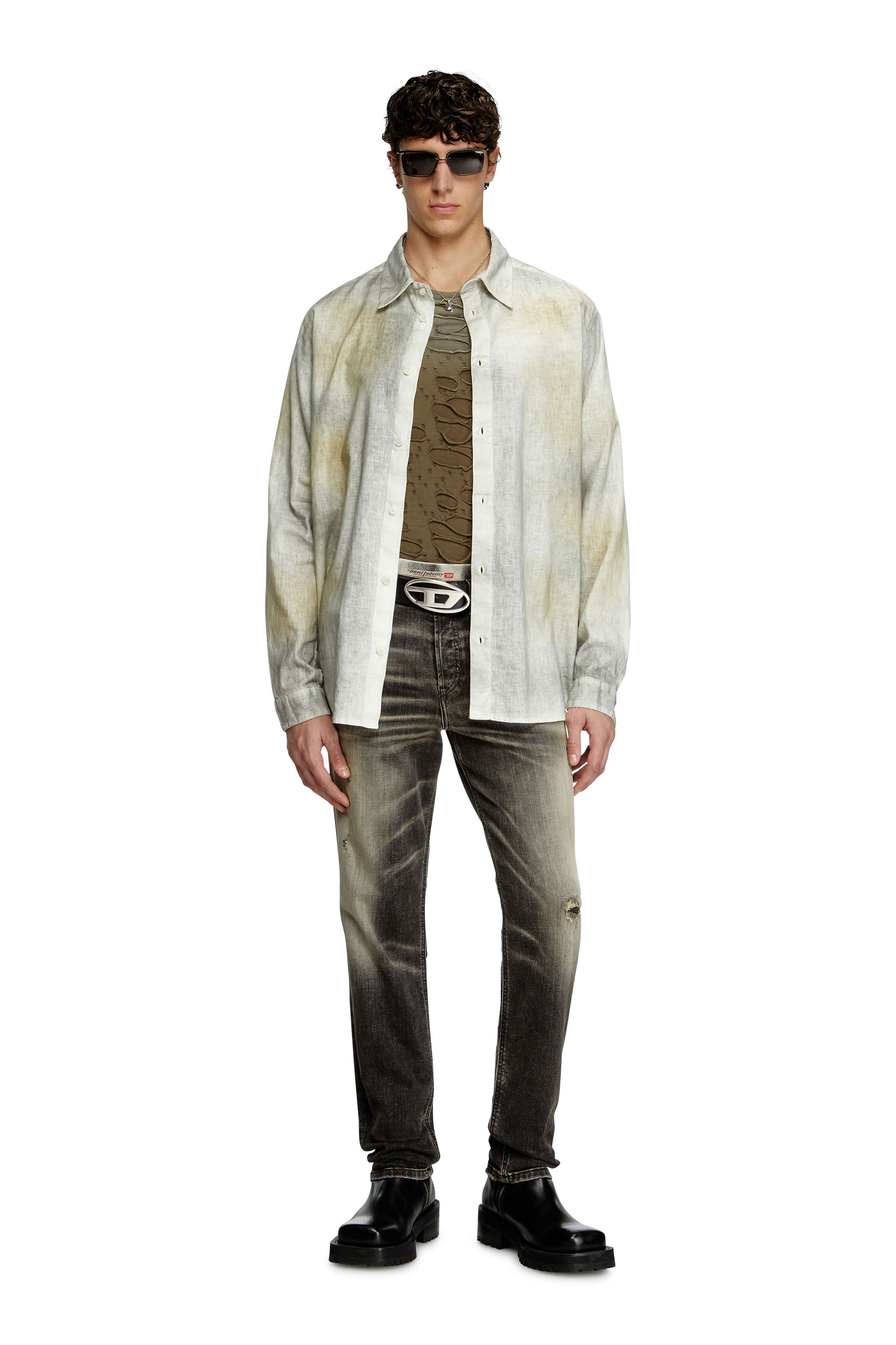 Diesel - S-LEIE, Male's Treated linen-blend shirt in Grey/White - 1