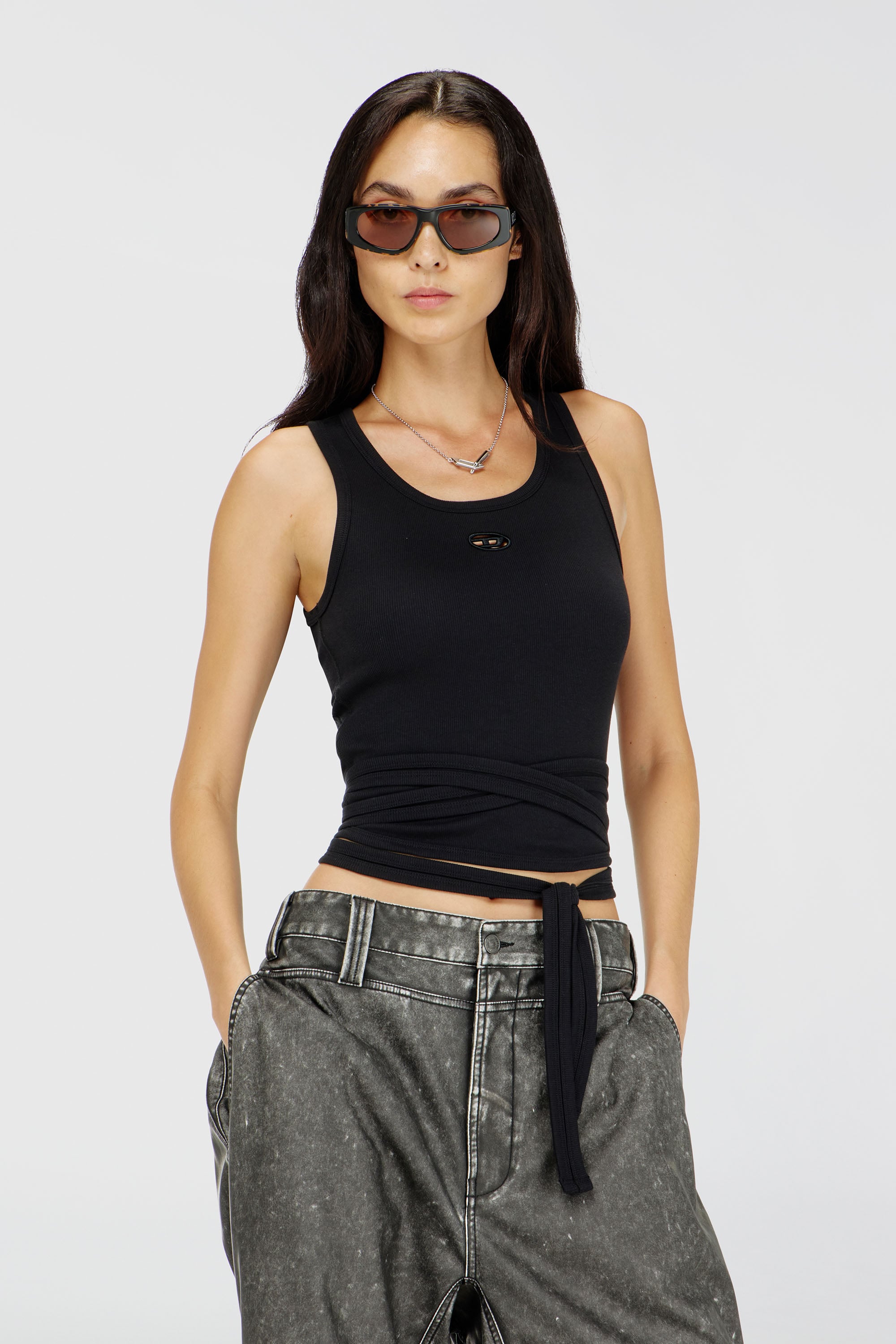 Diesel - T-ANKY-TAIL-S1, Woman's Crop top with wrap-around laces in Black - 1