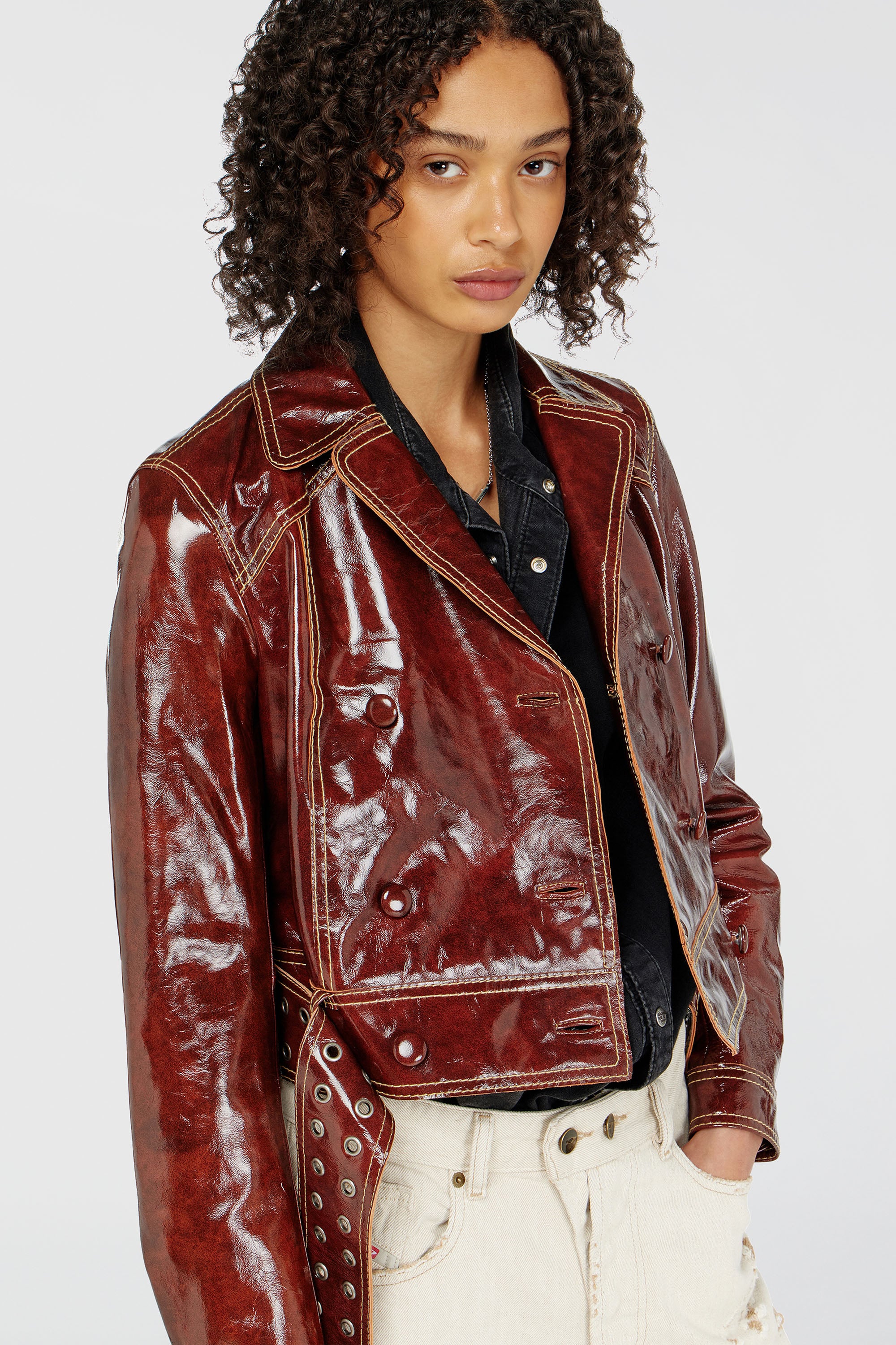 Diesel - L-EGEND, Woman's Patent-leather jacket with large belt in Brown - 4