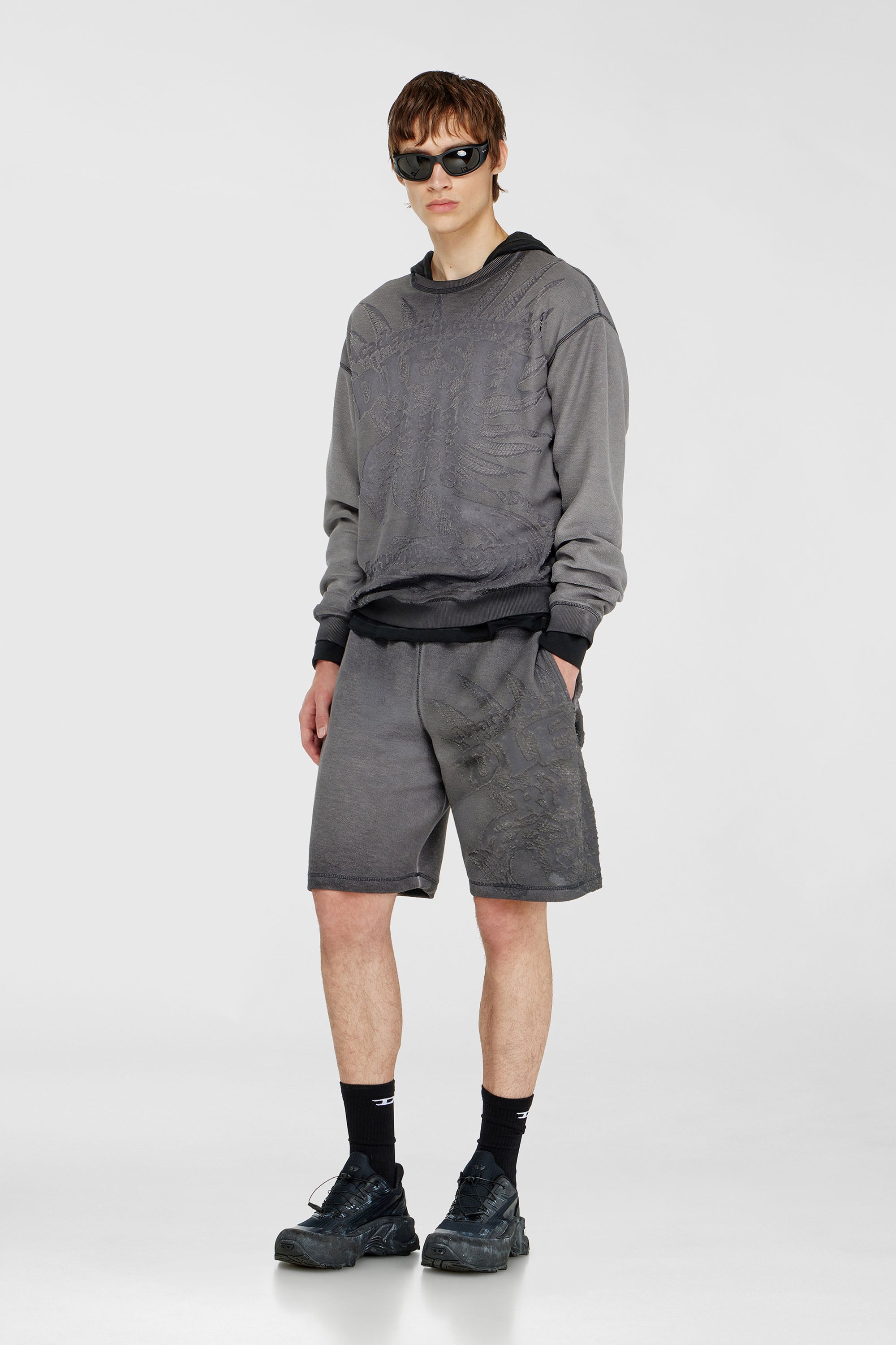 Diesel - P-RAWCROW, Male's Sweatshorts with d&eacute;vor&eacute; motifs in Dark Grey - 1