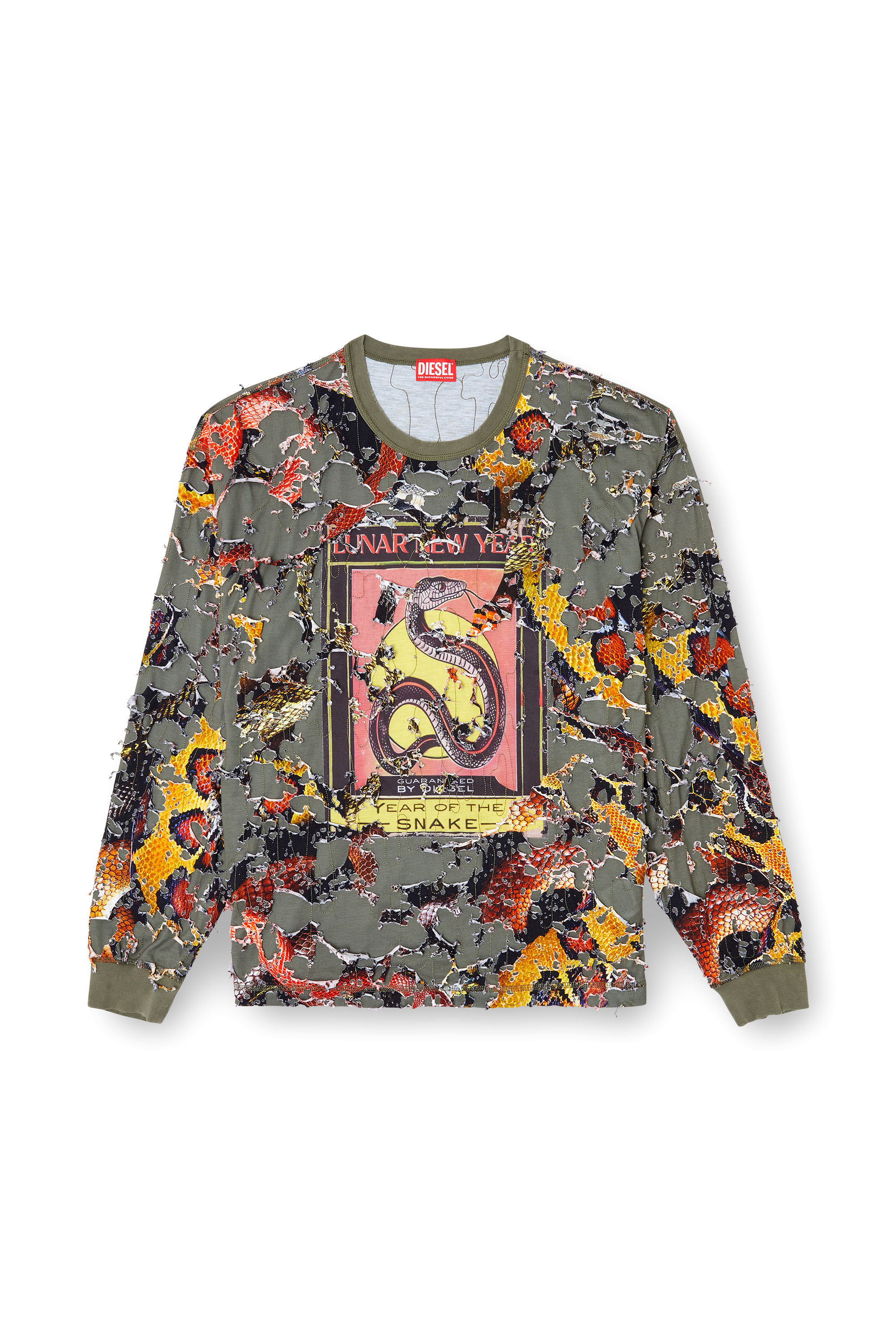 Diesel - CL-T-BOXT-LS-DEVOR-SNAKE, Unisex's Destroyed snake-print long-sleeve T-shirt in Olive Green - 3