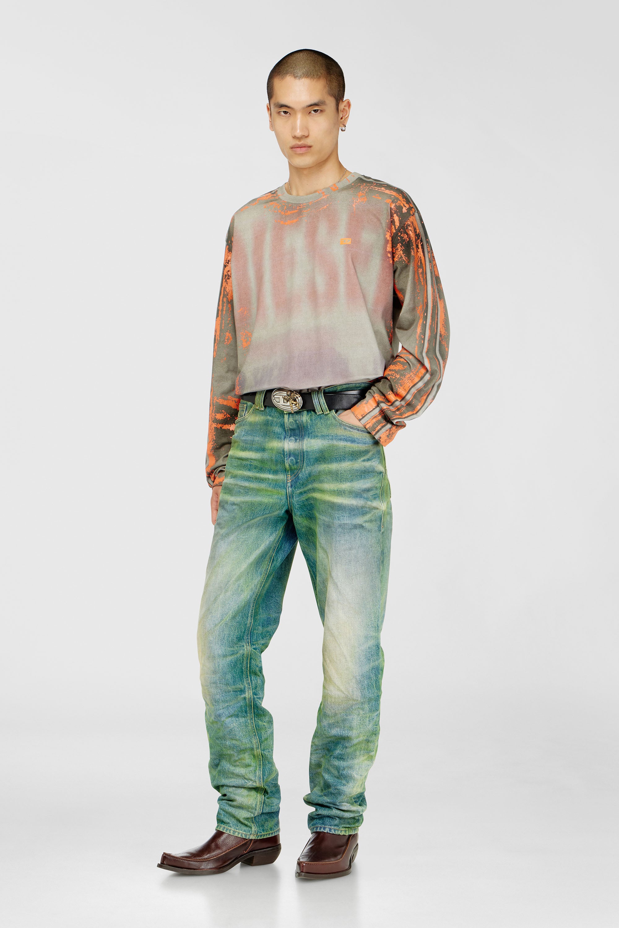 Diesel - T-FILMY, Male's Long-sleeve T-shirt in cracked jersey in Grey/Orange - 2