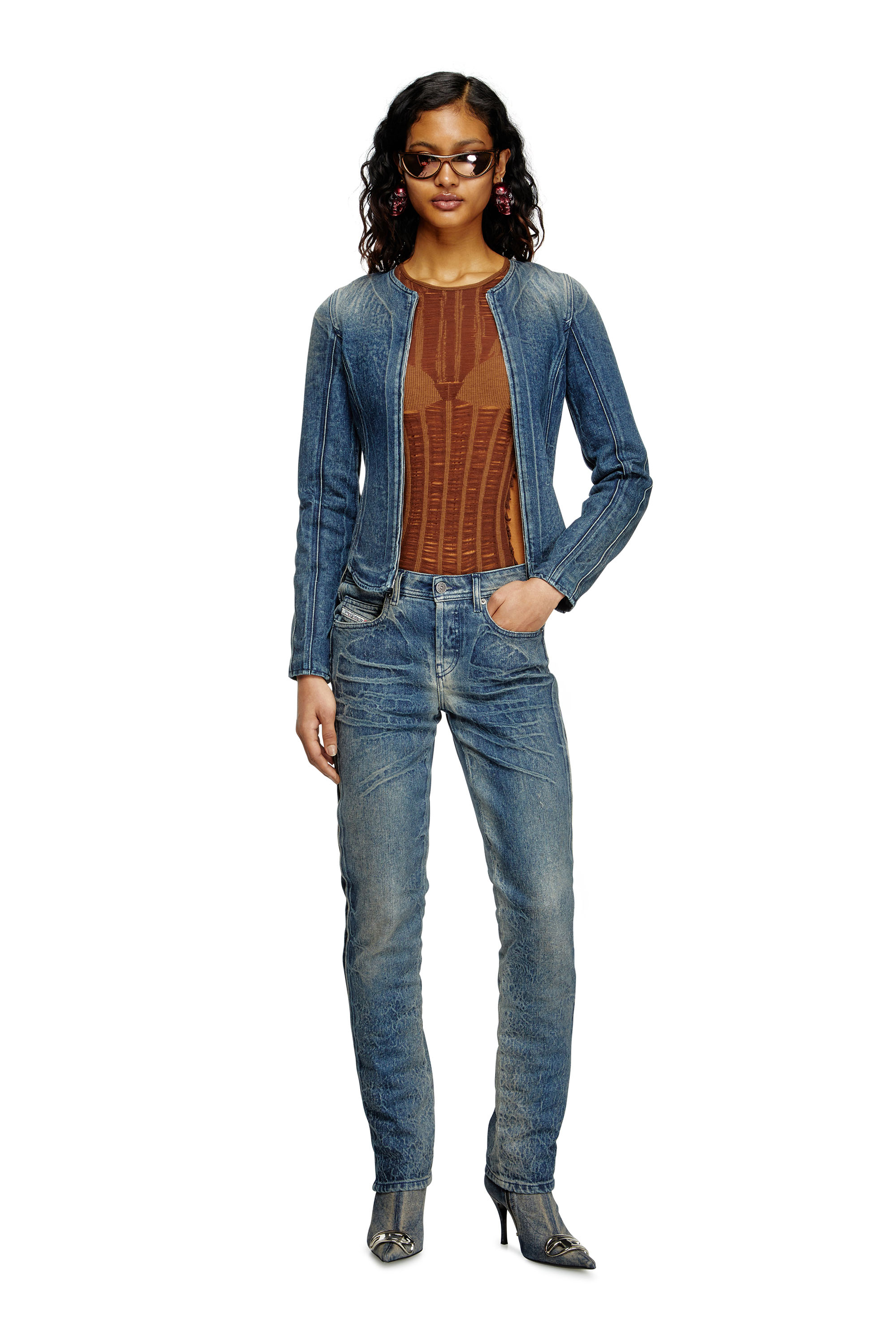 Diesel - M-CALAI-SS, Female's Seamless T-shirt with lingerie illusion in Brown - 2