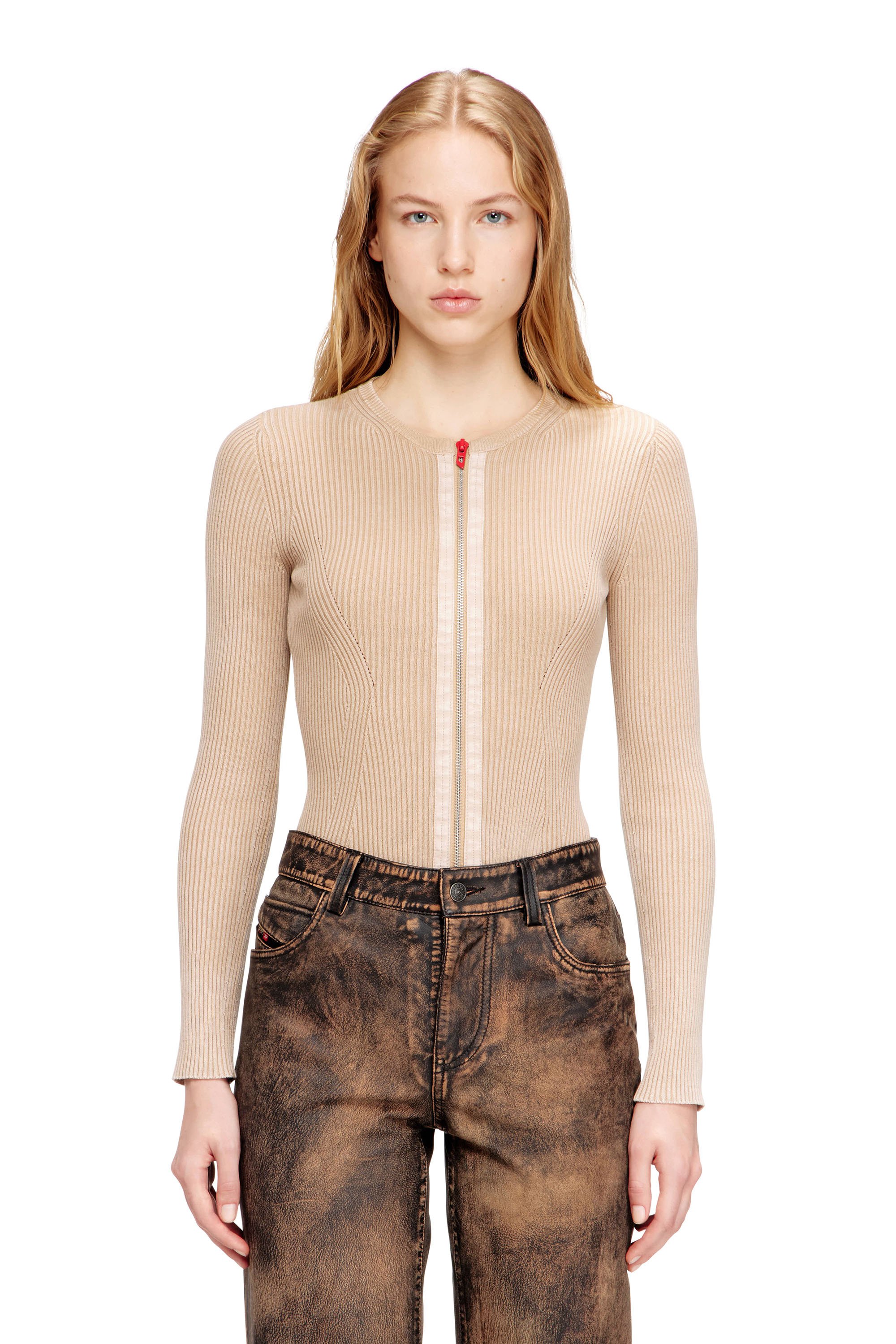 Diesel - M-GILDE, Female's Zip-up cardigan in ribbed cotton in Beige - 1