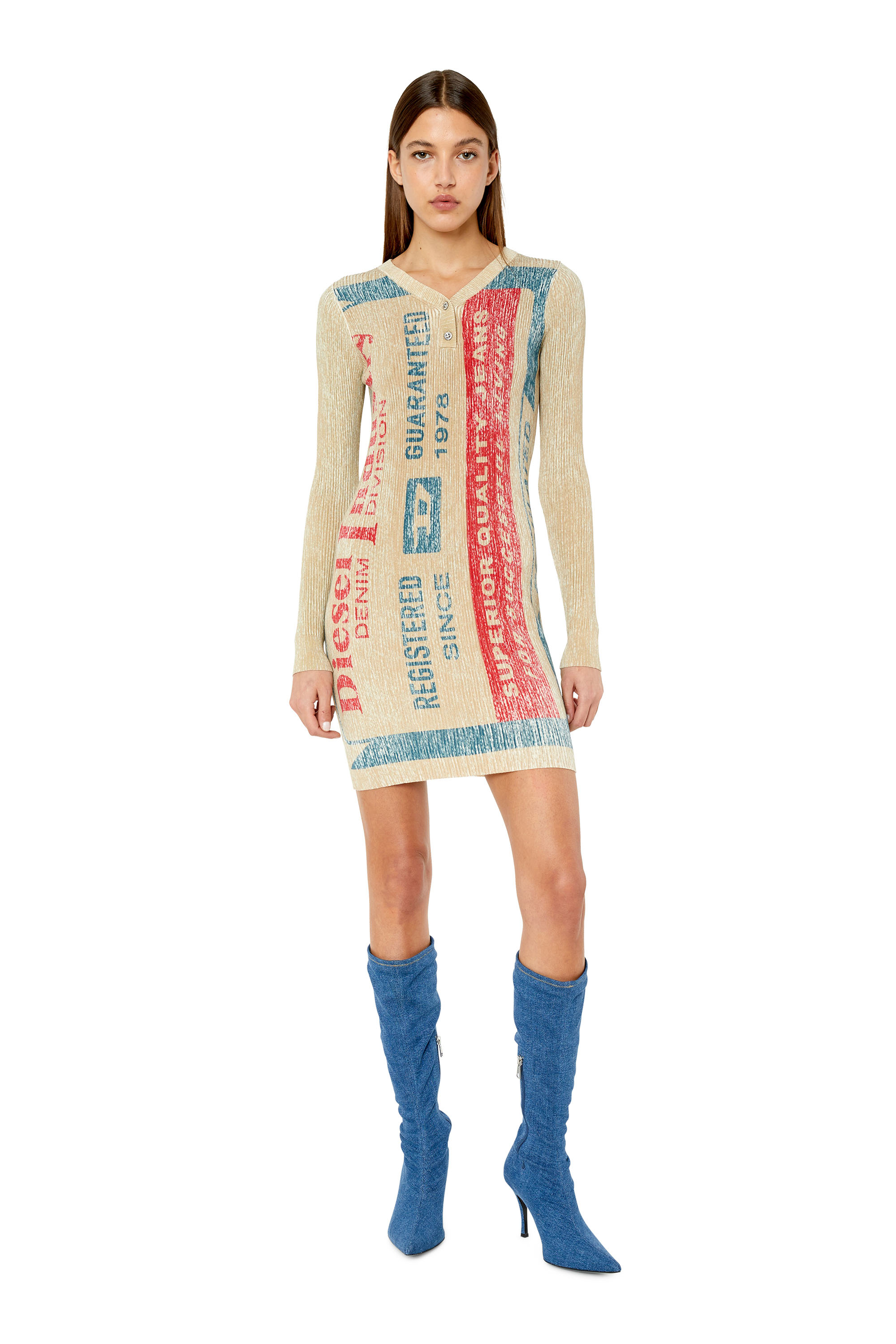 Diesel - M-AELLE, Woman's Short knit dress with jacron patch print in Beige - 1
