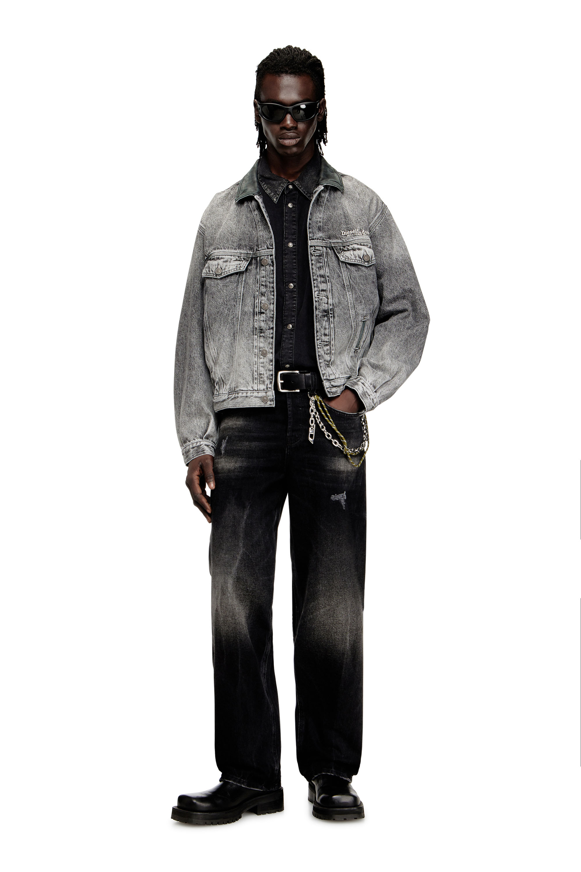 Diesel - D-DENVER-S, Unisex's Denim trucker jacket with tonal leather trims in Grey - 3