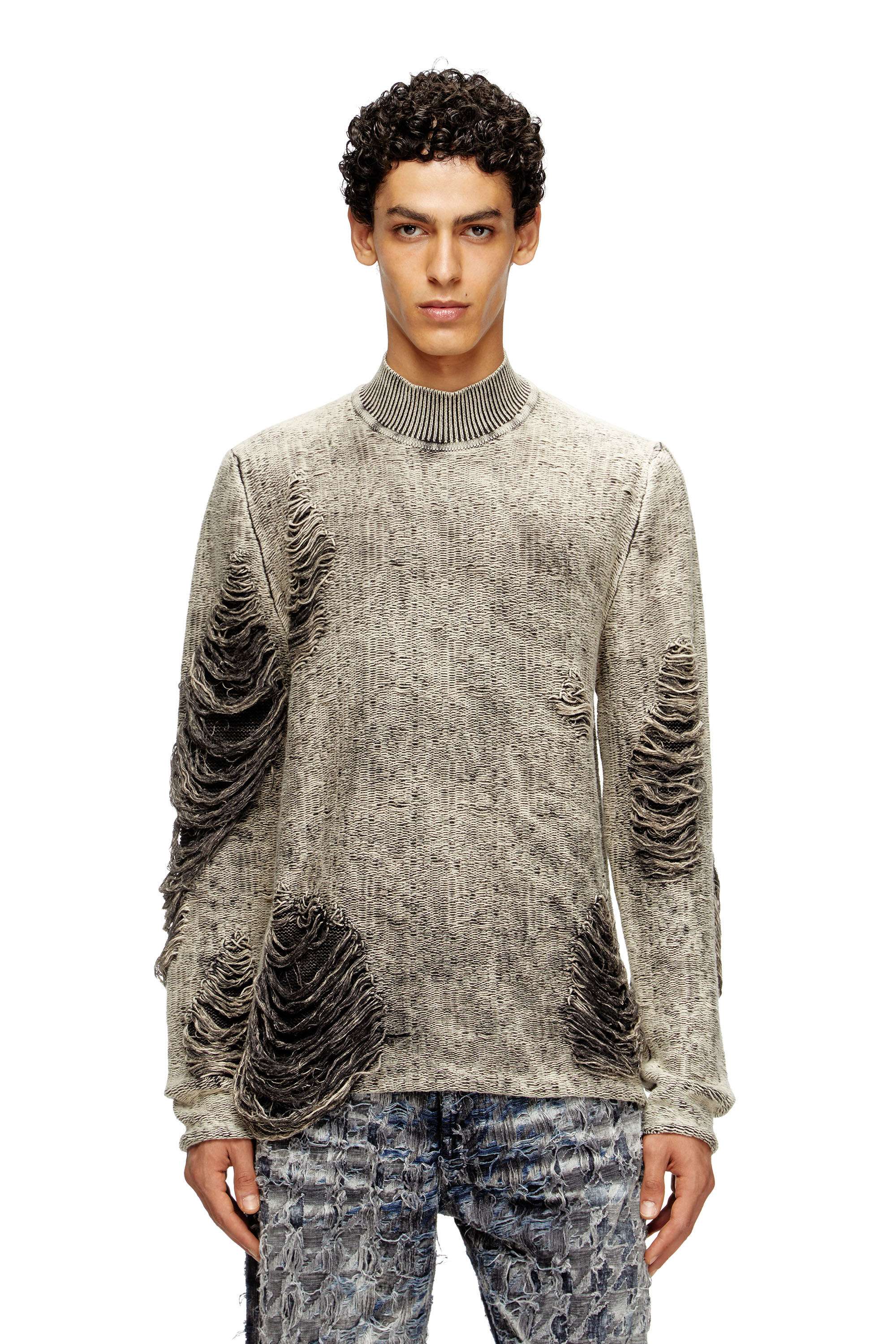 Diesel - K-FJORDI, Male's Destroyed jumper with floating yarns in Grey - 1
