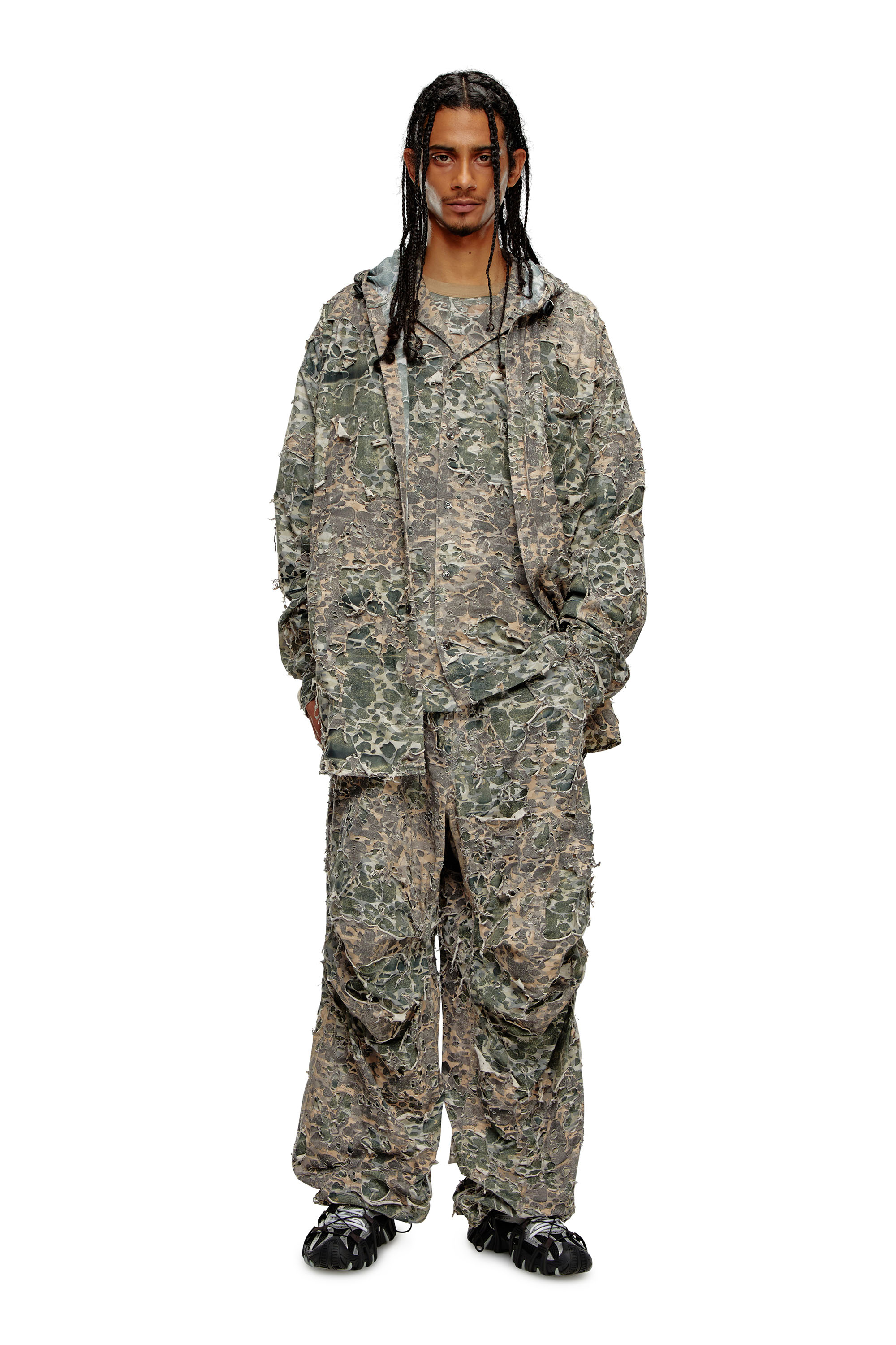 Diesel - S-DEWNY-HOOD-HOCKK, Male's Camo shirt with destroyed finish in Green/Grey - 1