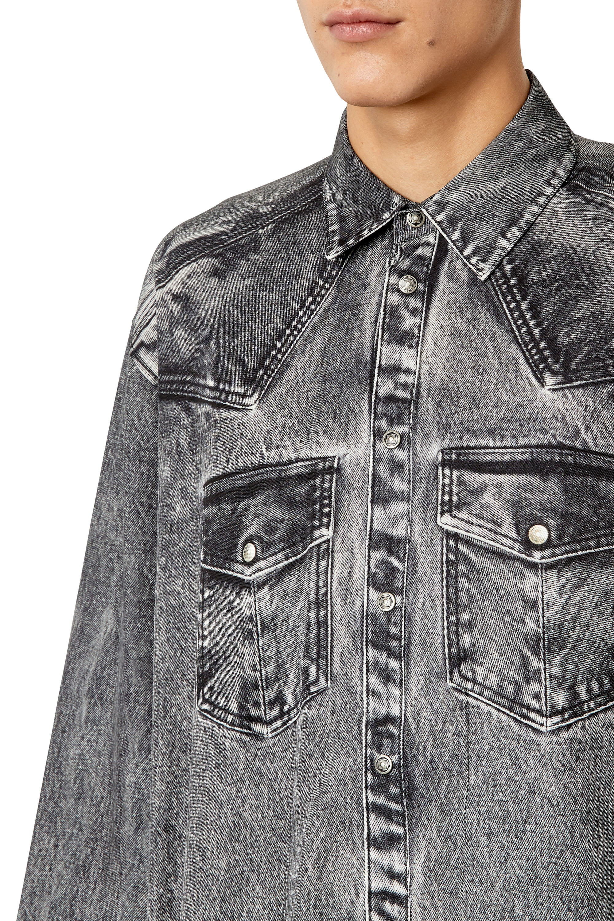 Diesel - S-GILS-DNM, Camisa fluida con trampantojo de denim Hombre in Gris - 4
