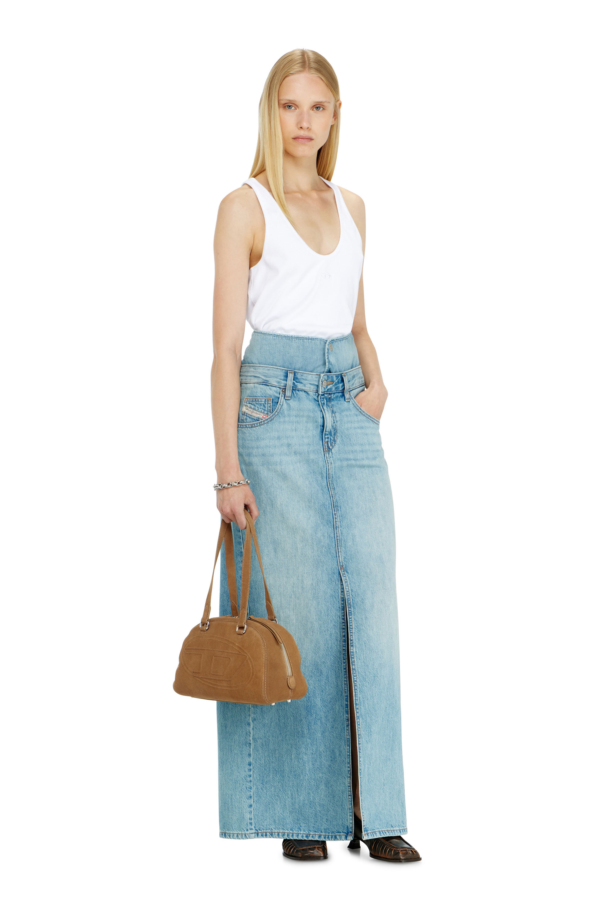 Diesel - DE-SPIVEY, Female's Jean-illusion denim maxi skirt with slits in Light Blue - 1