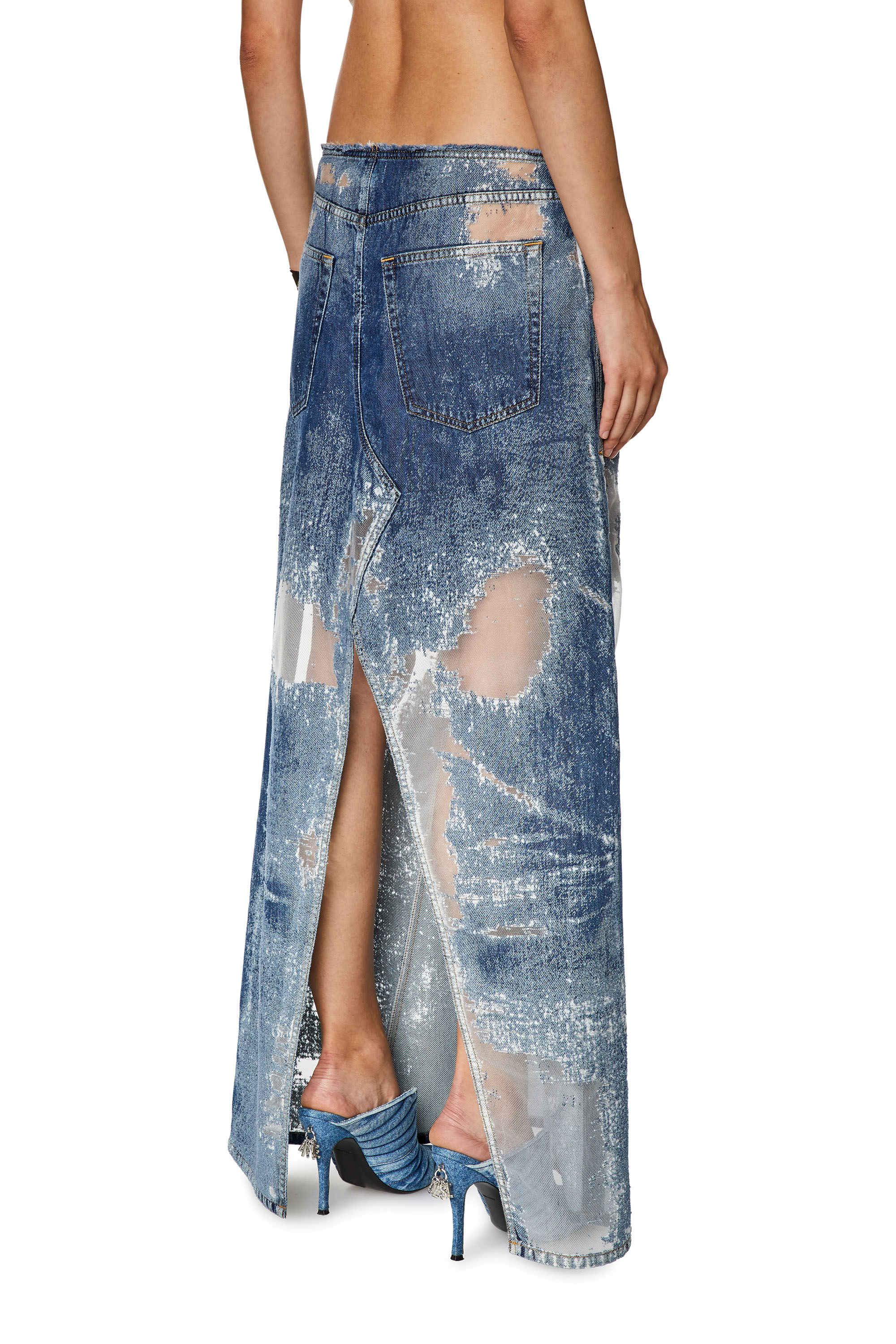 Diesel - DE-PAGO-FSD2, Woman's Long denim skirt with devor&eacute; in Medium blue - 4