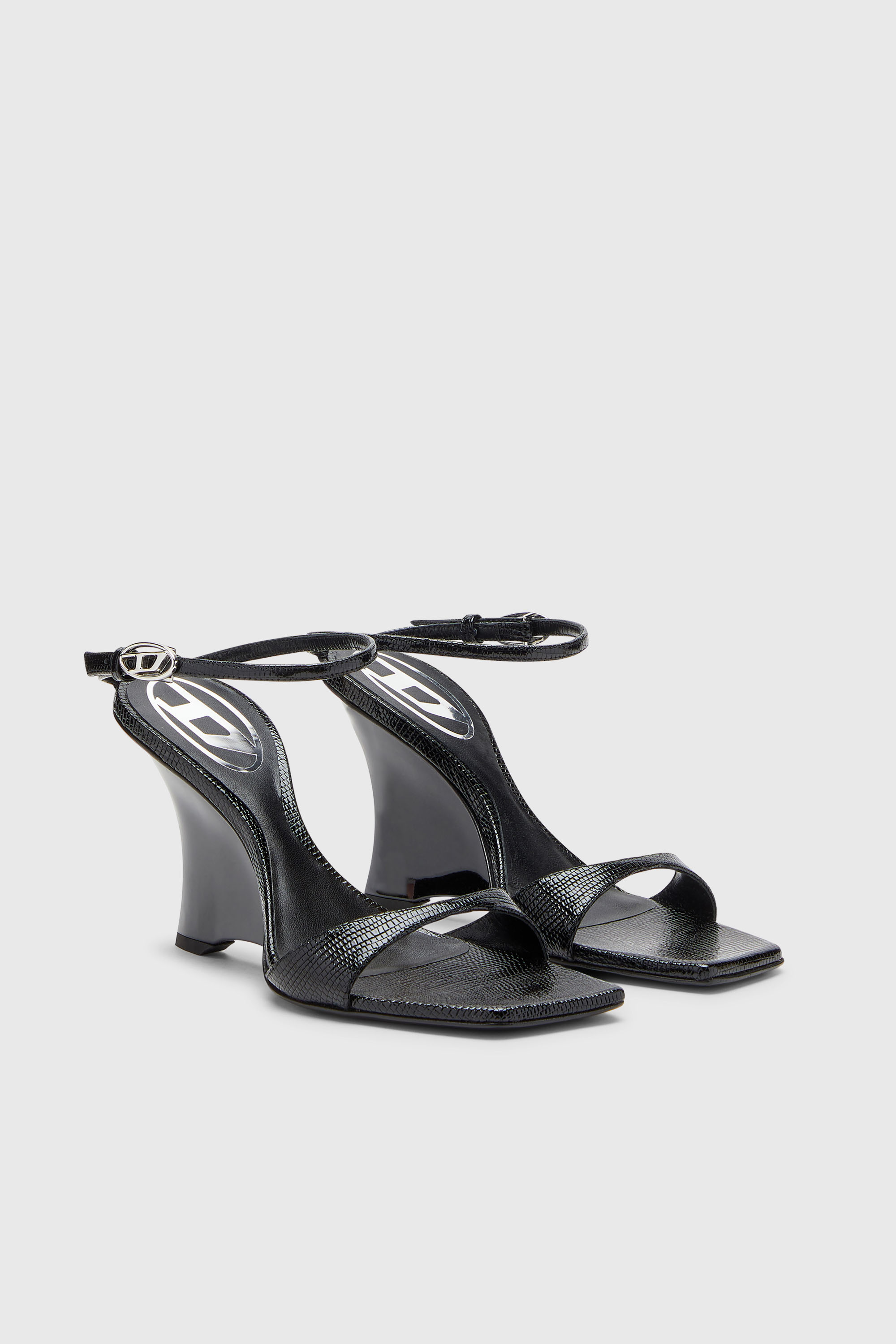 Diesel - D-AMBER SANDAL WEDGE, D-Amber-Sandalias de cu&ntilde;a en cuero efecto lagarto Mujer in Negro - 2