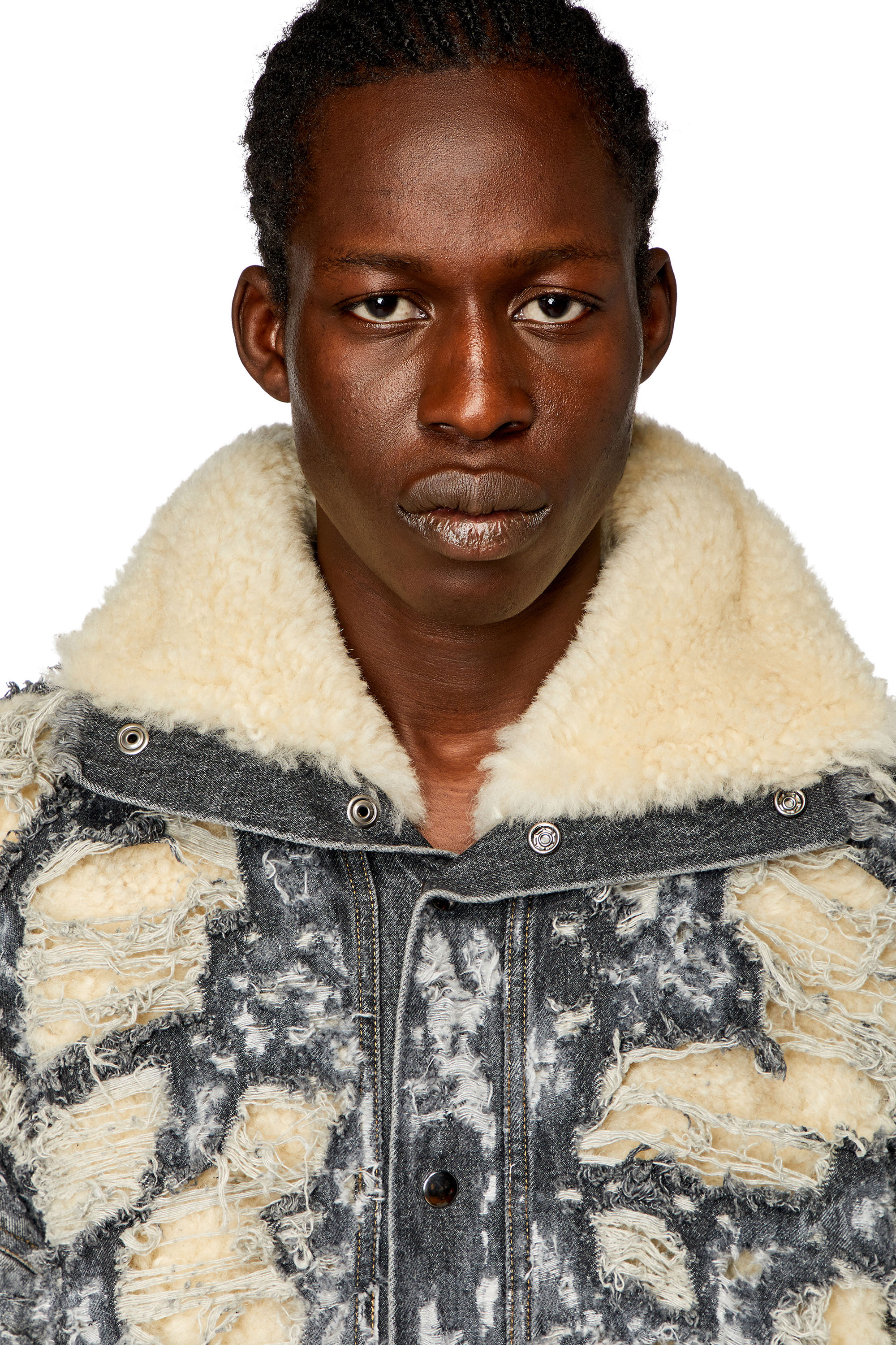 Men's Distressed denim and shearling coat | Black | Diesel