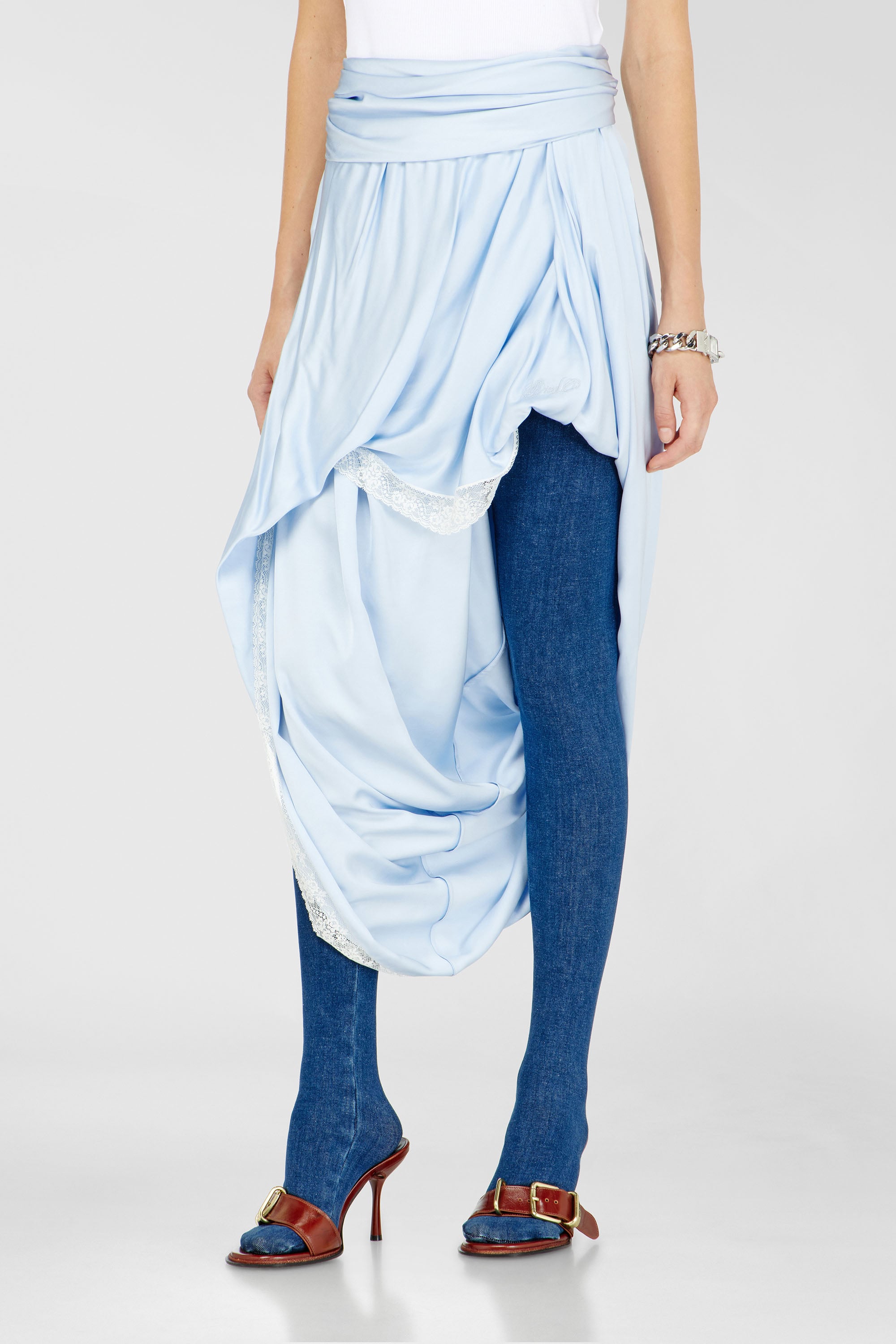 Diesel - O-WANDA, Female's Draped satin midi skirt with lace trim in Light Blue - 1
