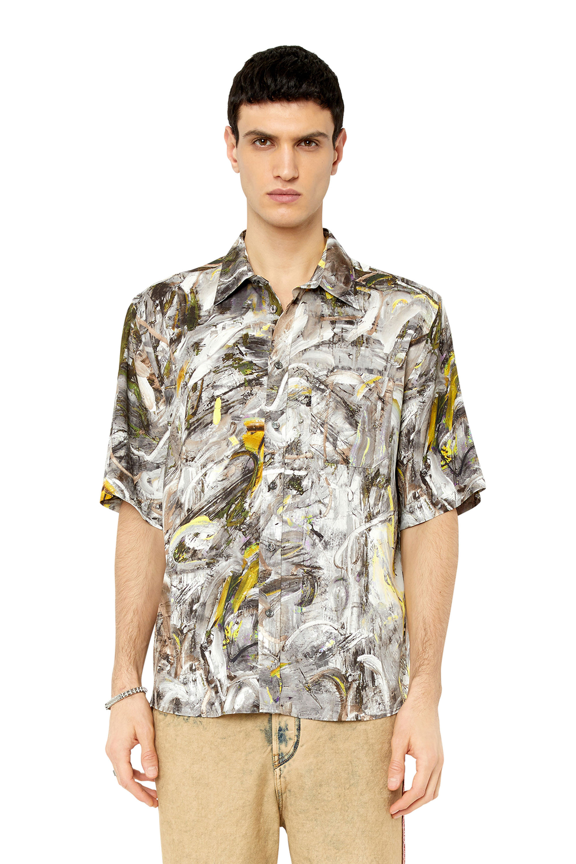 Diesel - S-UMBE-SSL-PRINT, Man's Short sleeve shirt in printed twill in Grey/White - 3