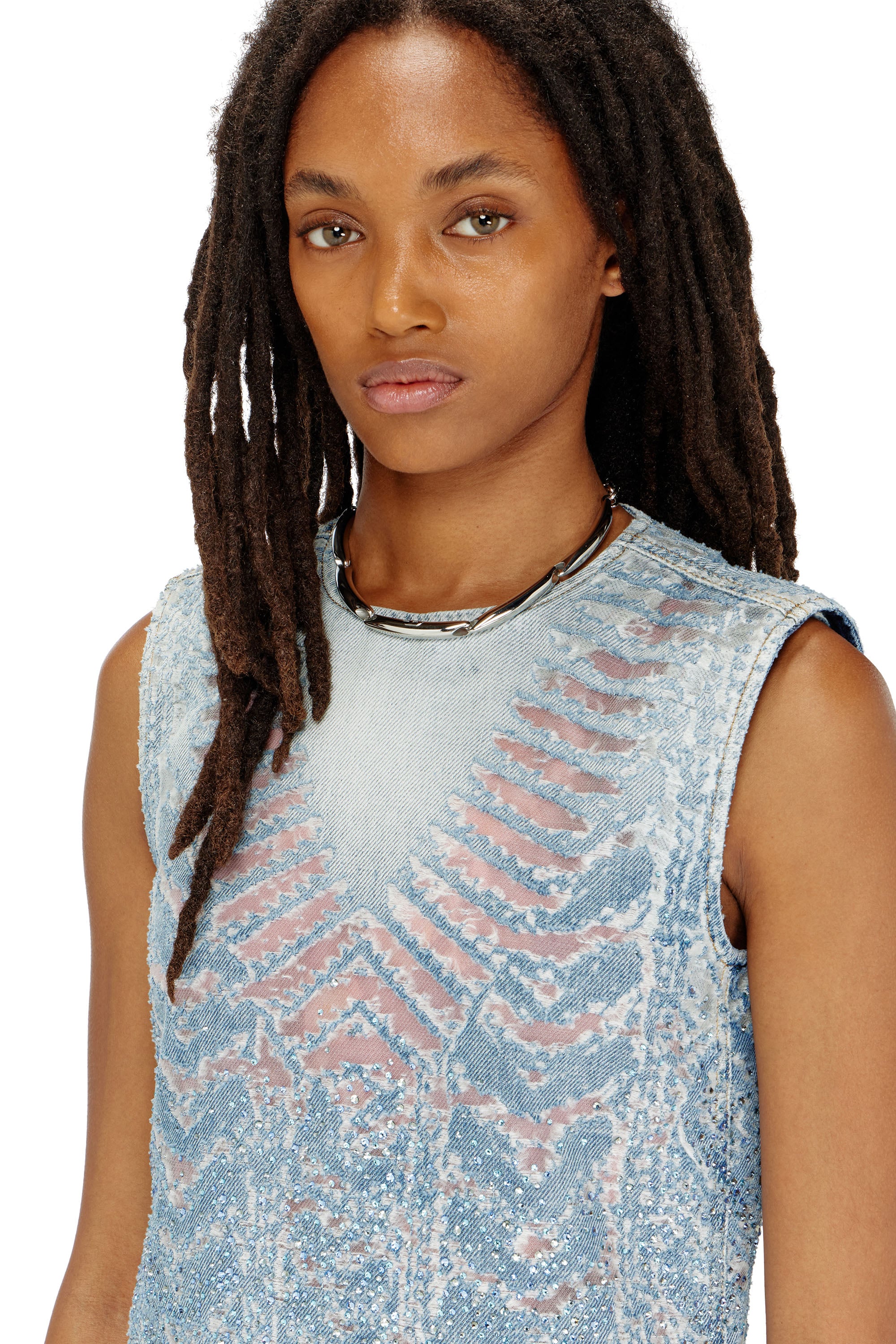 Diesel - DE-MYRELA-S, Vestido mini de denim microstone devor&eacute; Mujer in Azul marino - 4