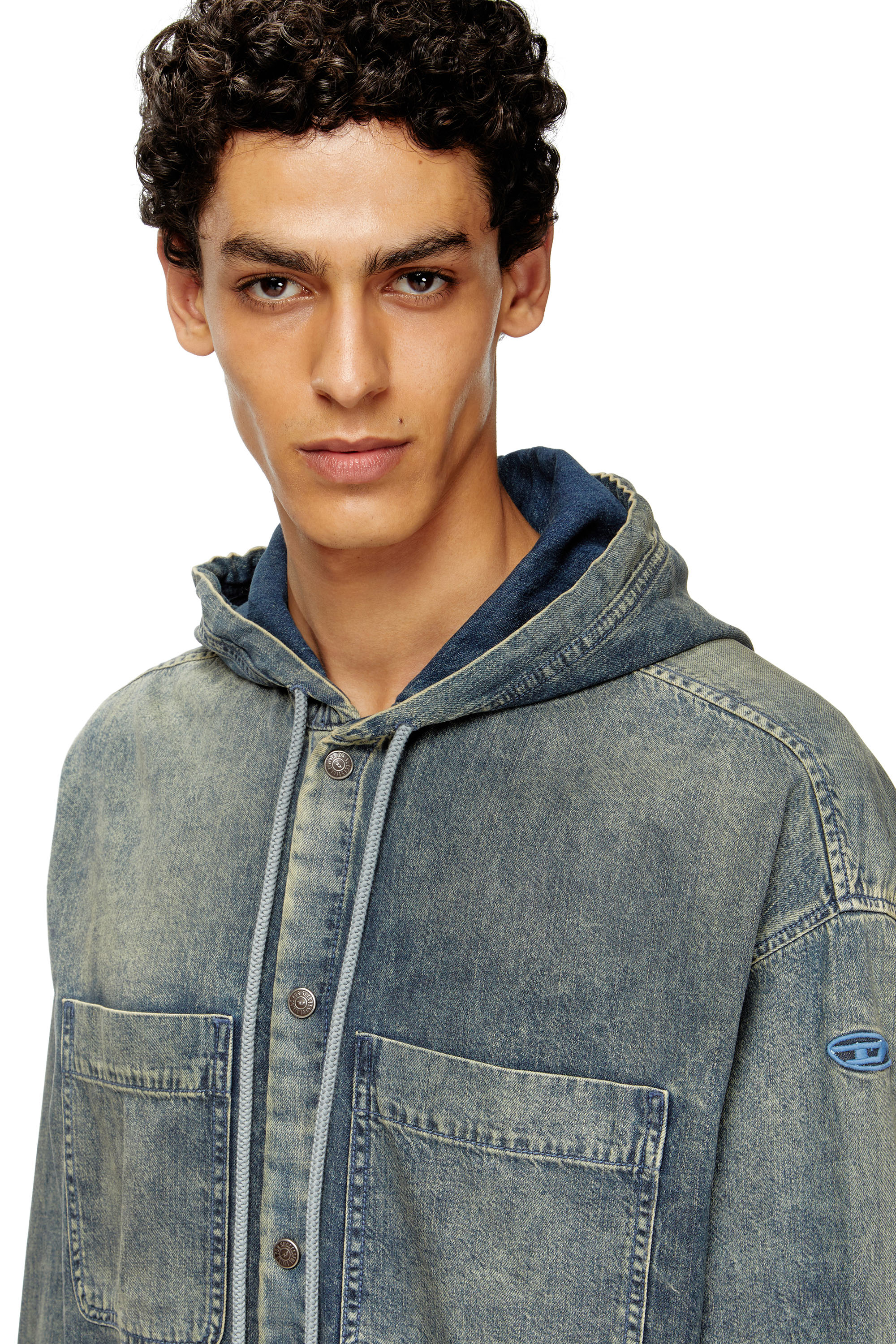 Diesel - D-DEWNY-HOOD-S2, Surchemise en denim marbré enduit Homme in Bleu - 4