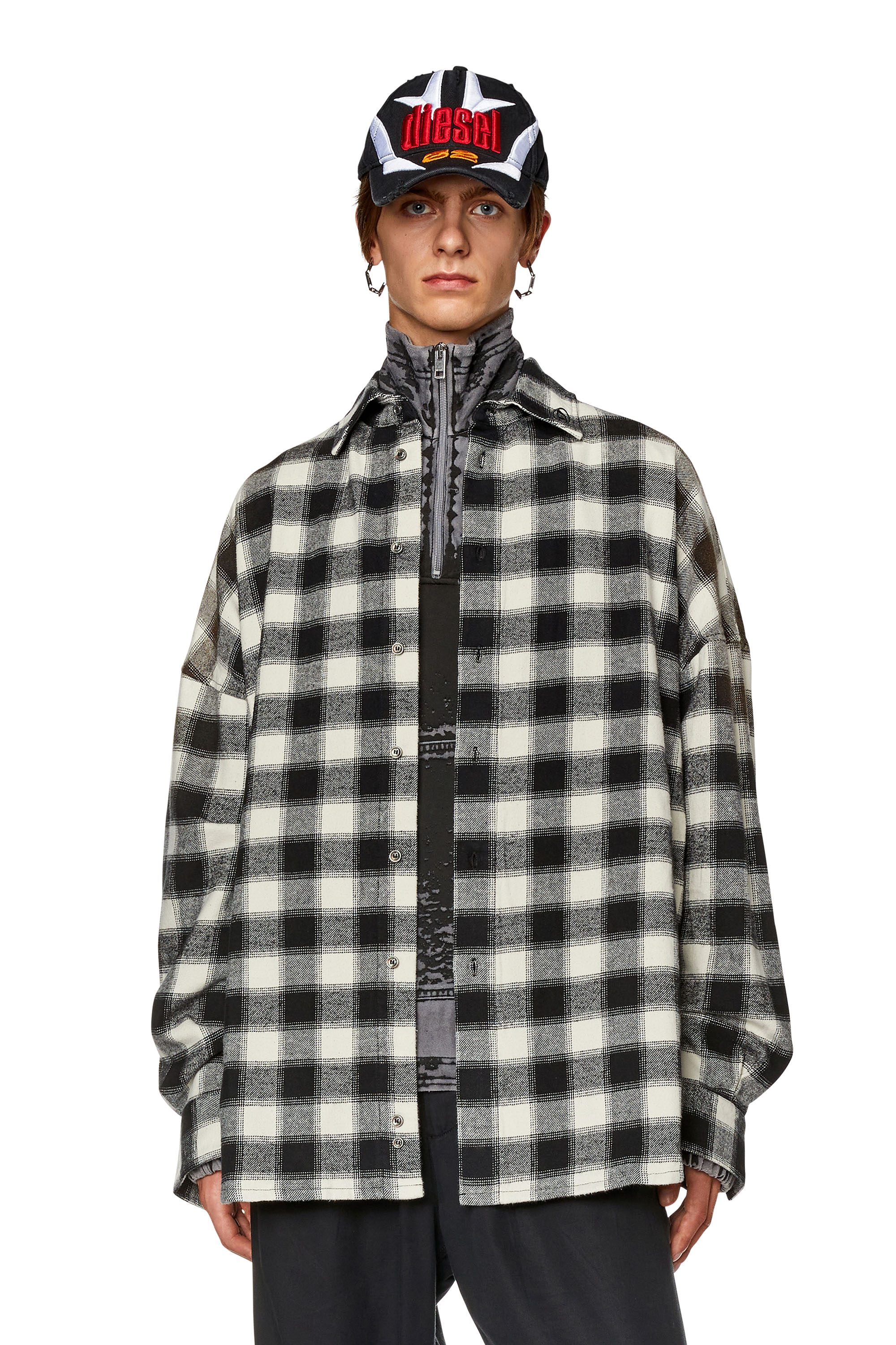 Diesel - S-LIMO-PKT, Man's Checked shirt with collar embroidery in Black/White - 3