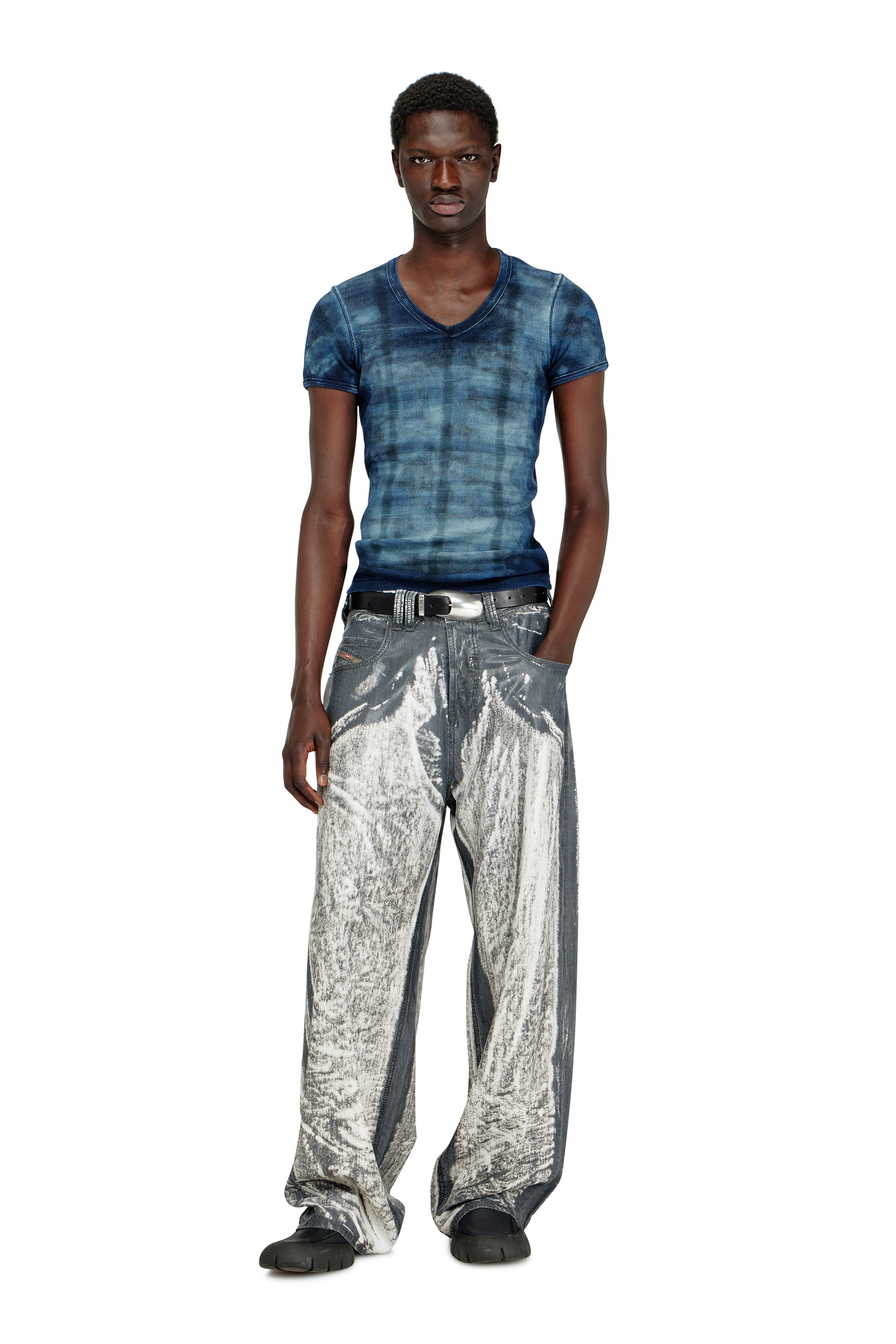 Diesel - T-LUUCAS, Male's X-ray top in check-print rib-jersey in Blue - 2