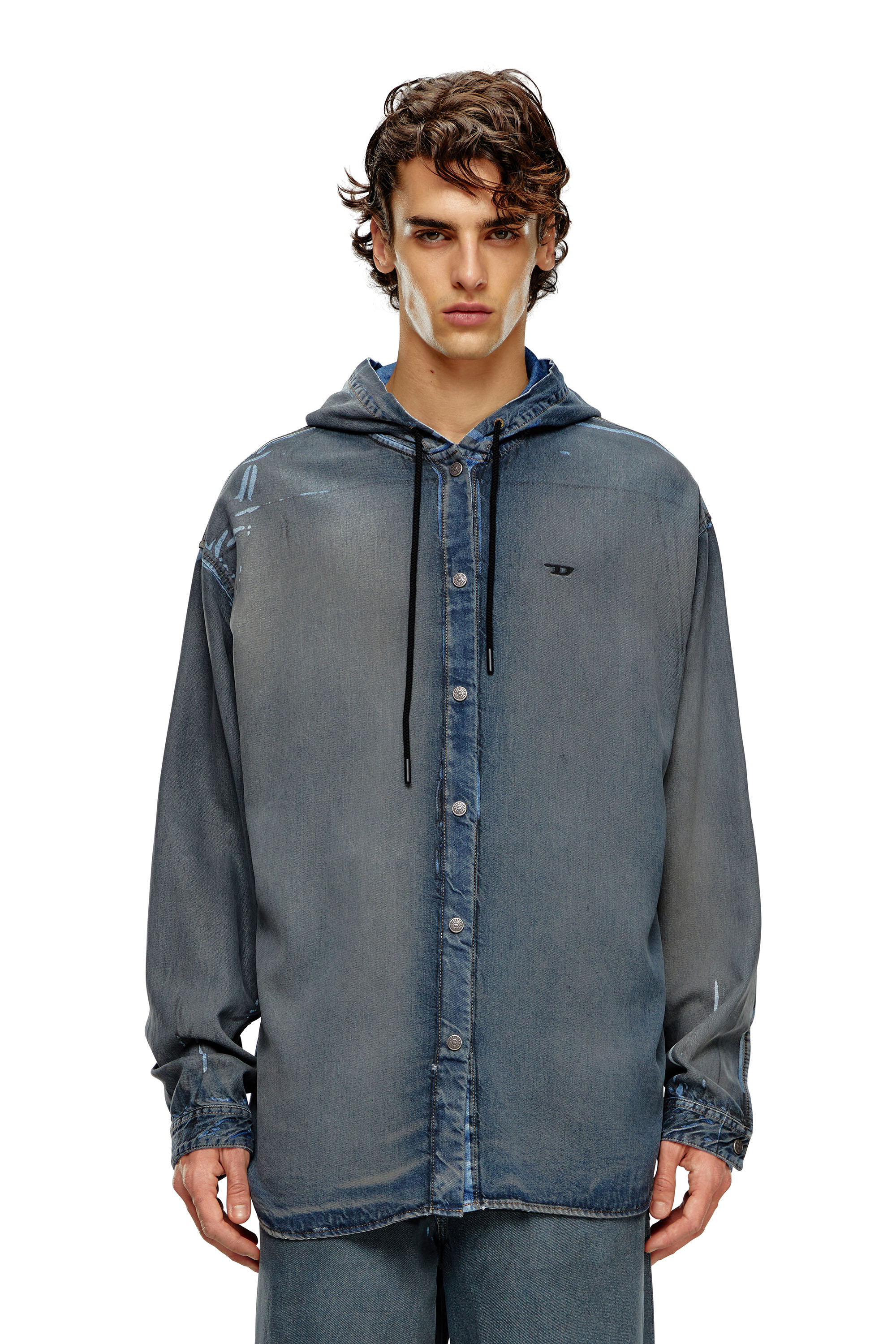 DIESEL シャツ デニム D-DEWNY-HOOD SHIRT Men's Hybrid shirt in worn-effect coated denim | Blue | Diesel