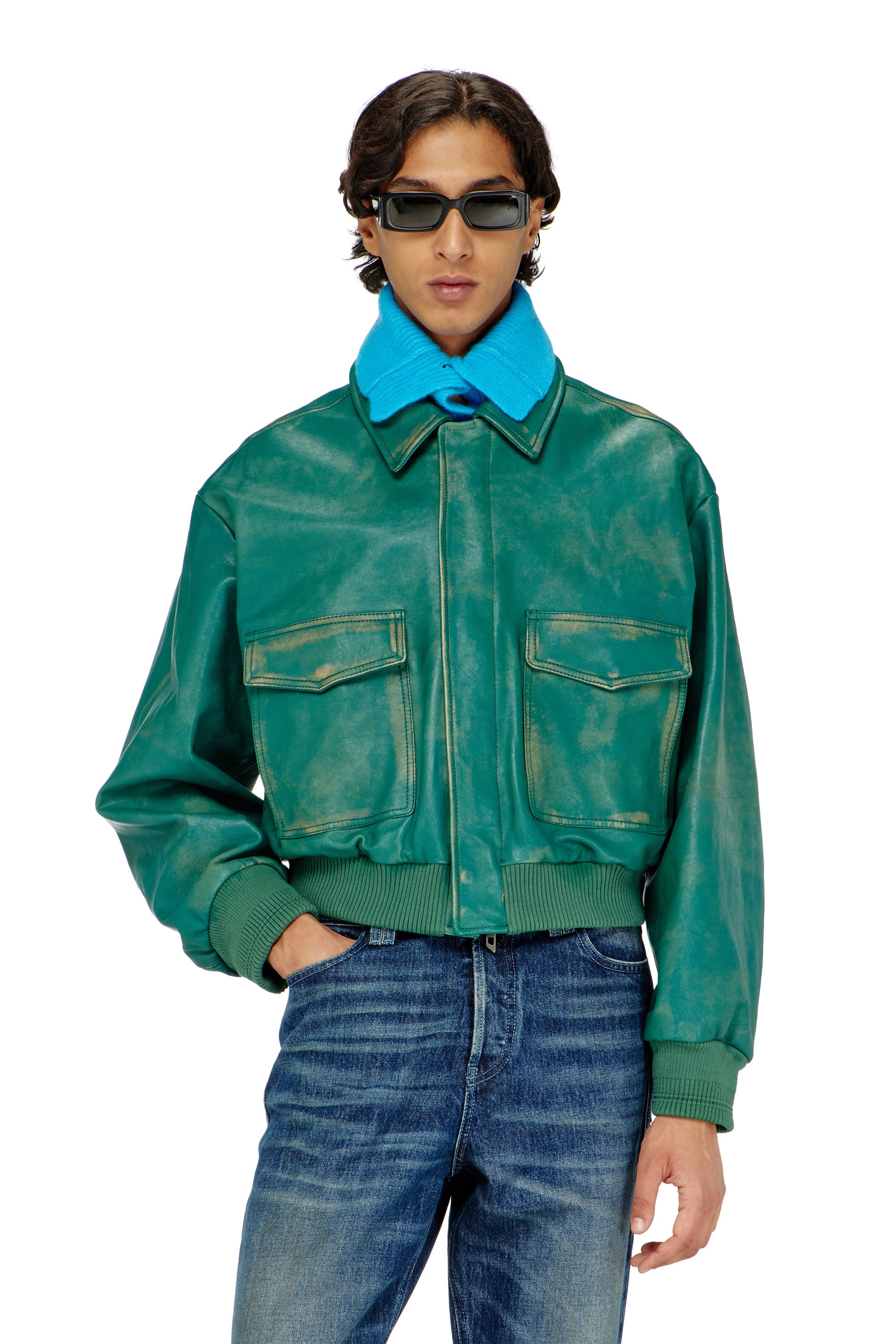 Diesel - L-UMAN, Man's Aviator jacket in treated leather in Green - 1