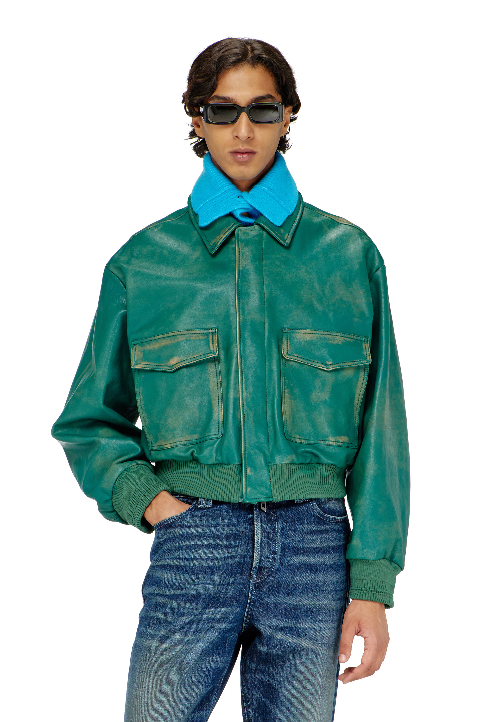 Diesel - L-UMAN, Chaqueta aviador de cuero tratado Hombre in Verde - 3