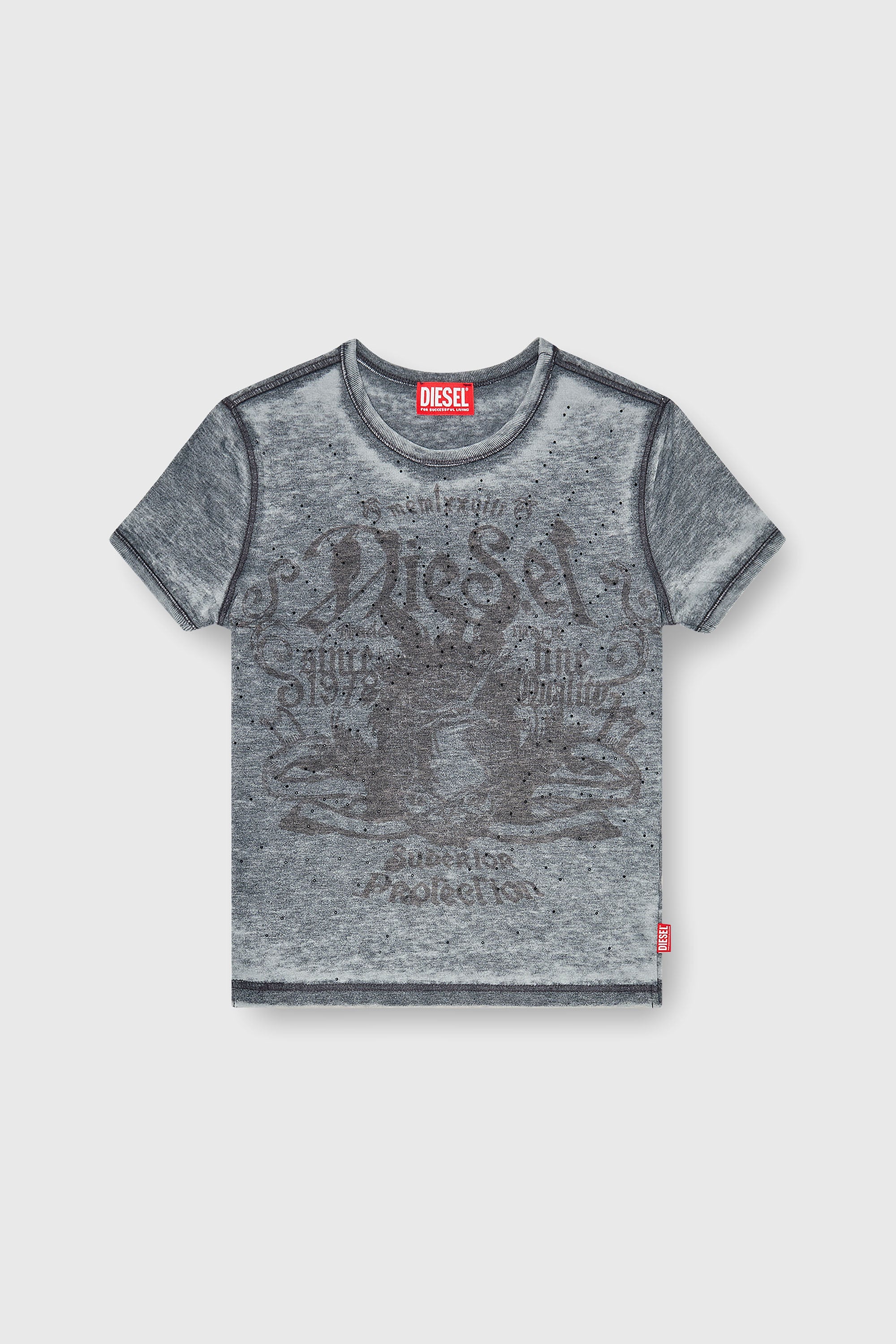 Diesel - T-UNCUTIES-LONG-AA3, Woman's Slim jersey T-shirt with print and studs in Blue/Grey - 2