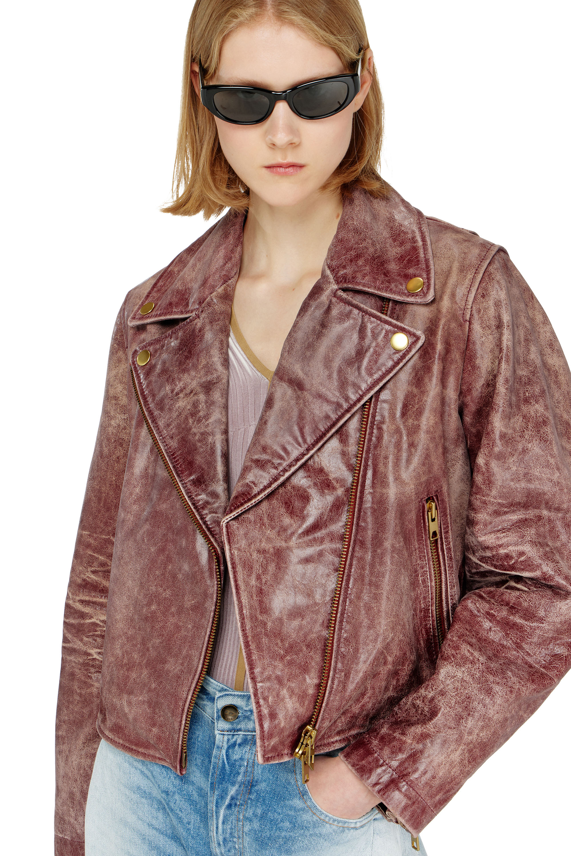 Diesel - L-UNATIC-T1, Veste biker en cuir trait&eacute; Femme in ToBeDefined - 4