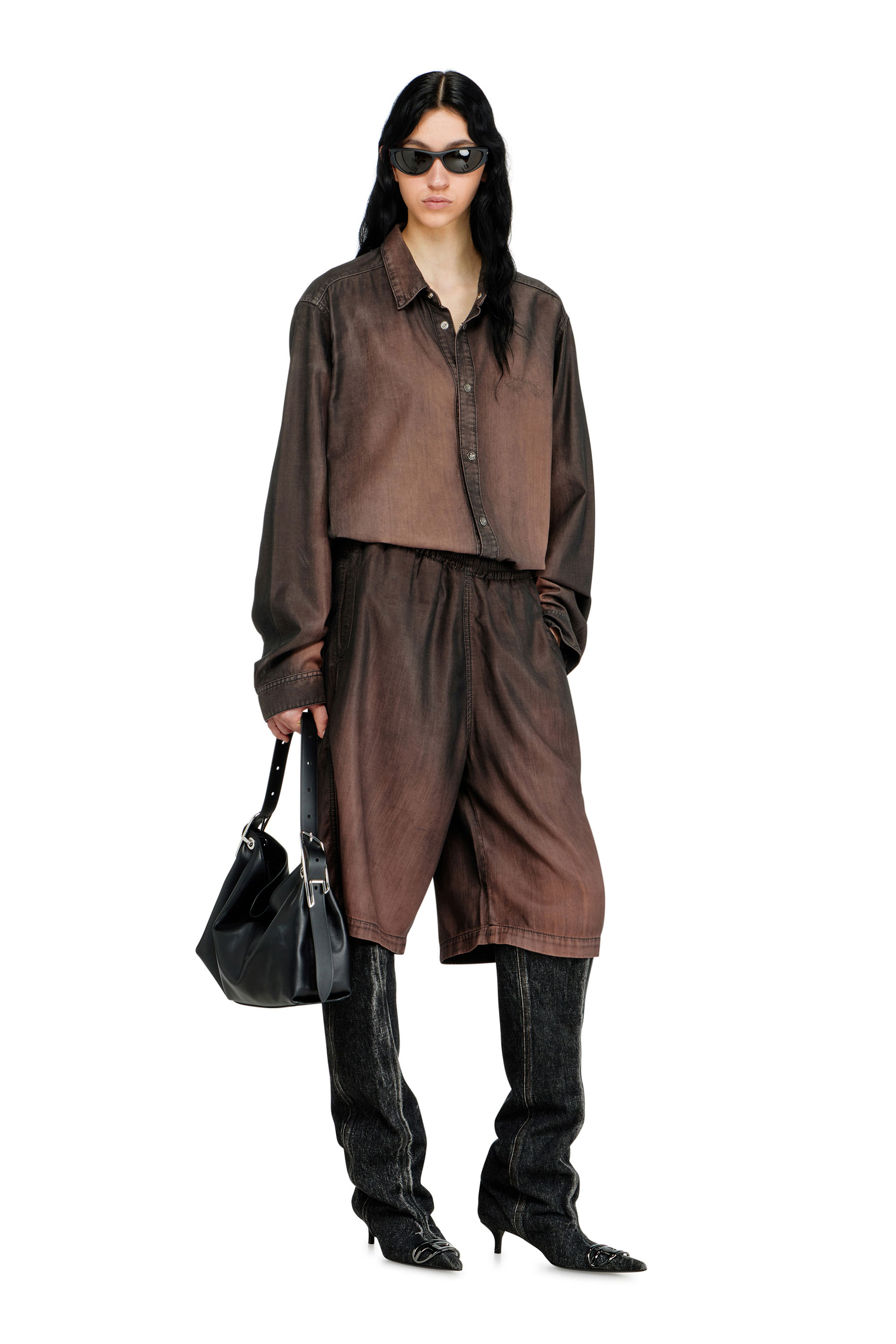 Diesel - D-RODER-SHORT-S, Unisex's Relaxed bermuda shorts in fluid coated denim in Brown - 2