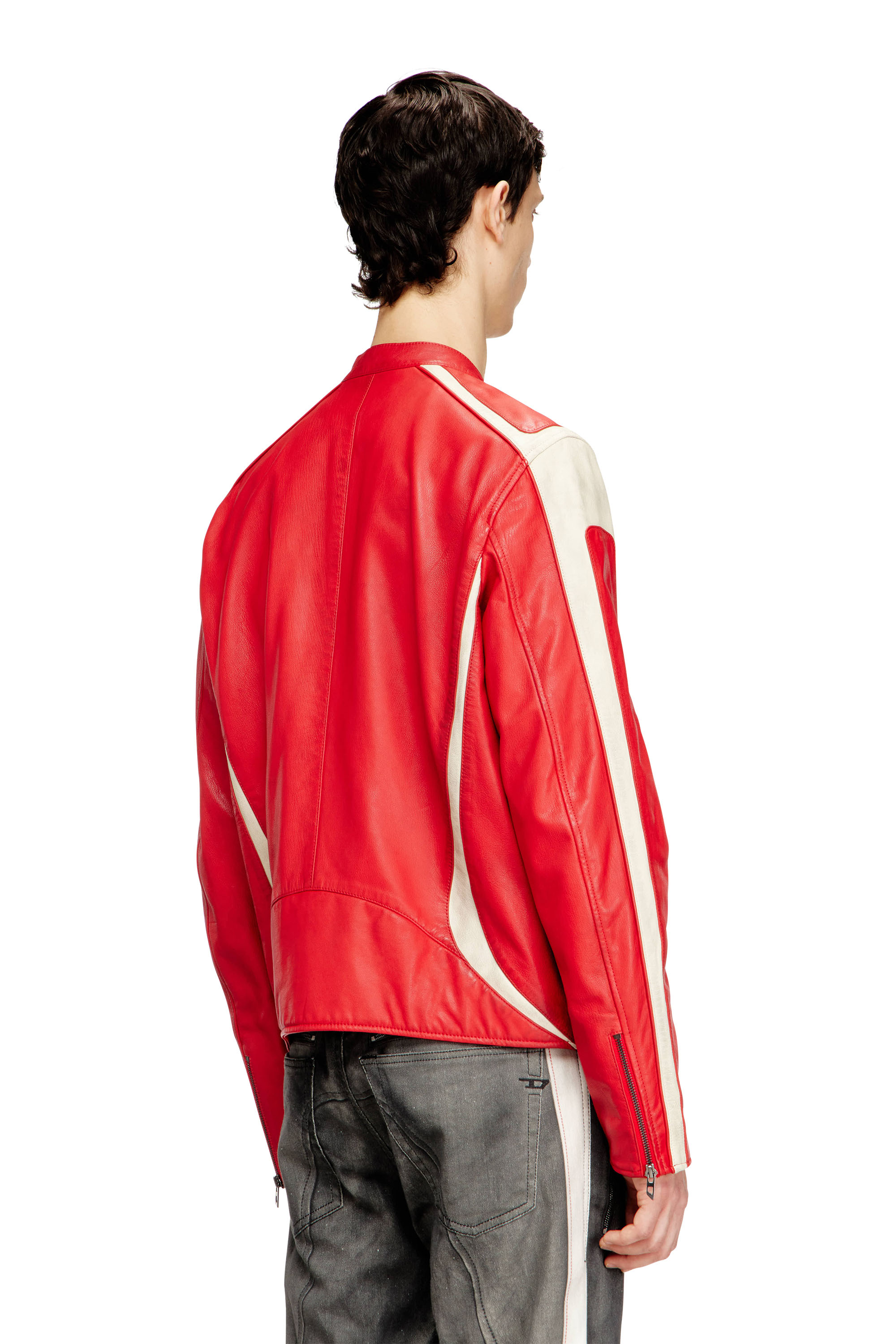 Diesel - L-ADAM, Male's Colour-block leather biker jacket in Red/White - 5