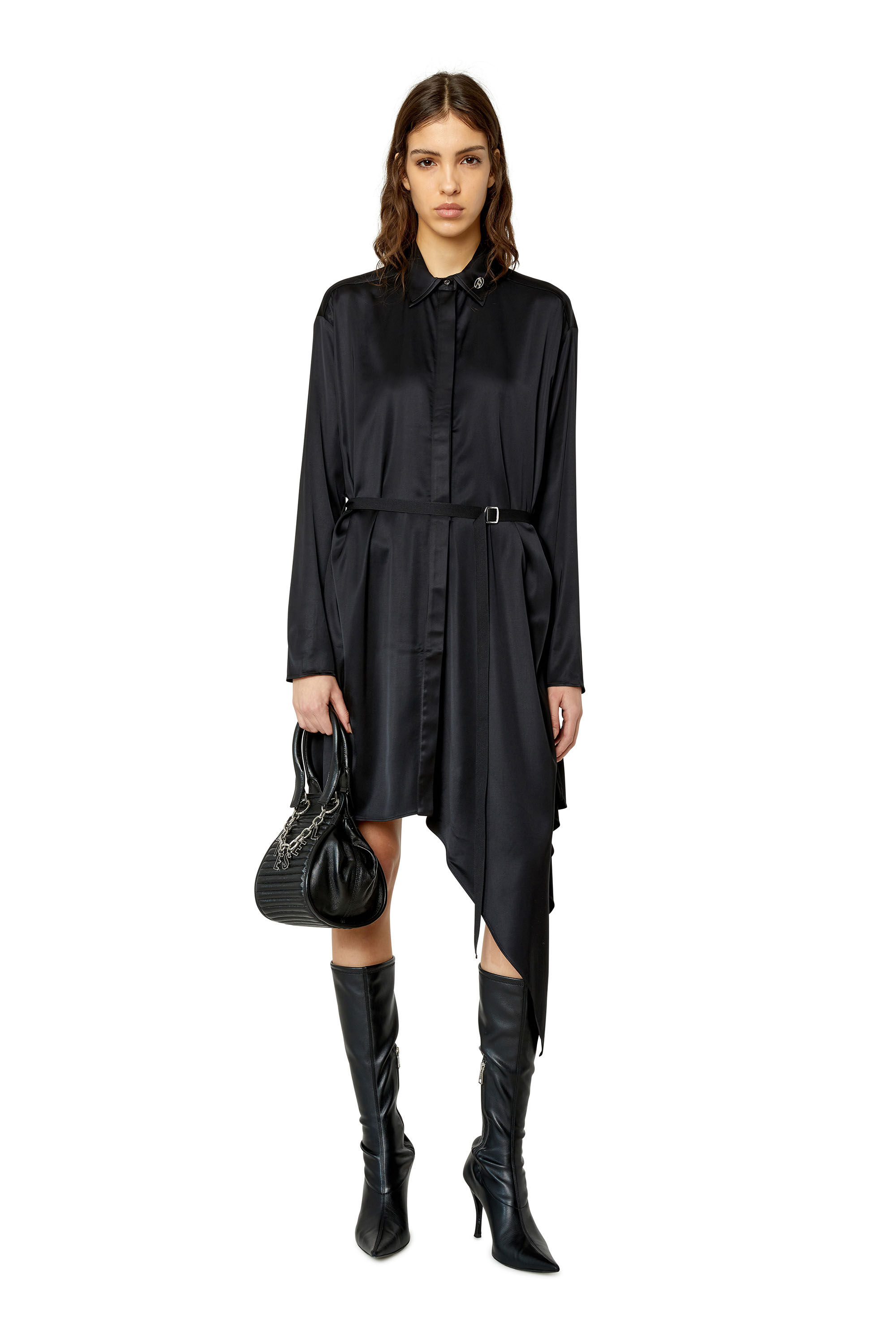 Diesel - D-TRISS, Vestido asim&eacute;trico de sat&eacute;n fluido Mujer in Negro - 1