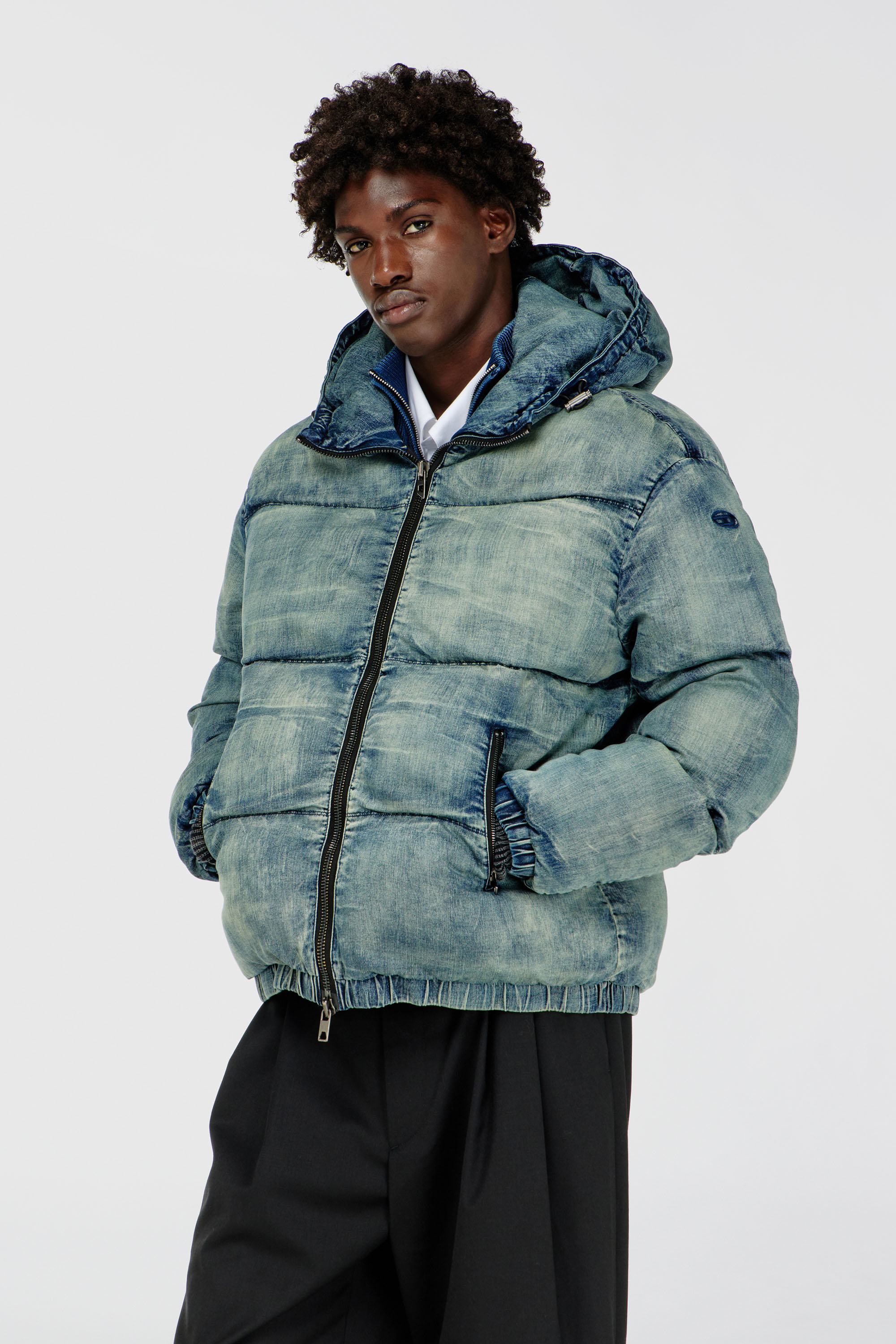 Diesel - W-MONS-WRD, Man's Puffer jacket in stretch denim in Blue - 1