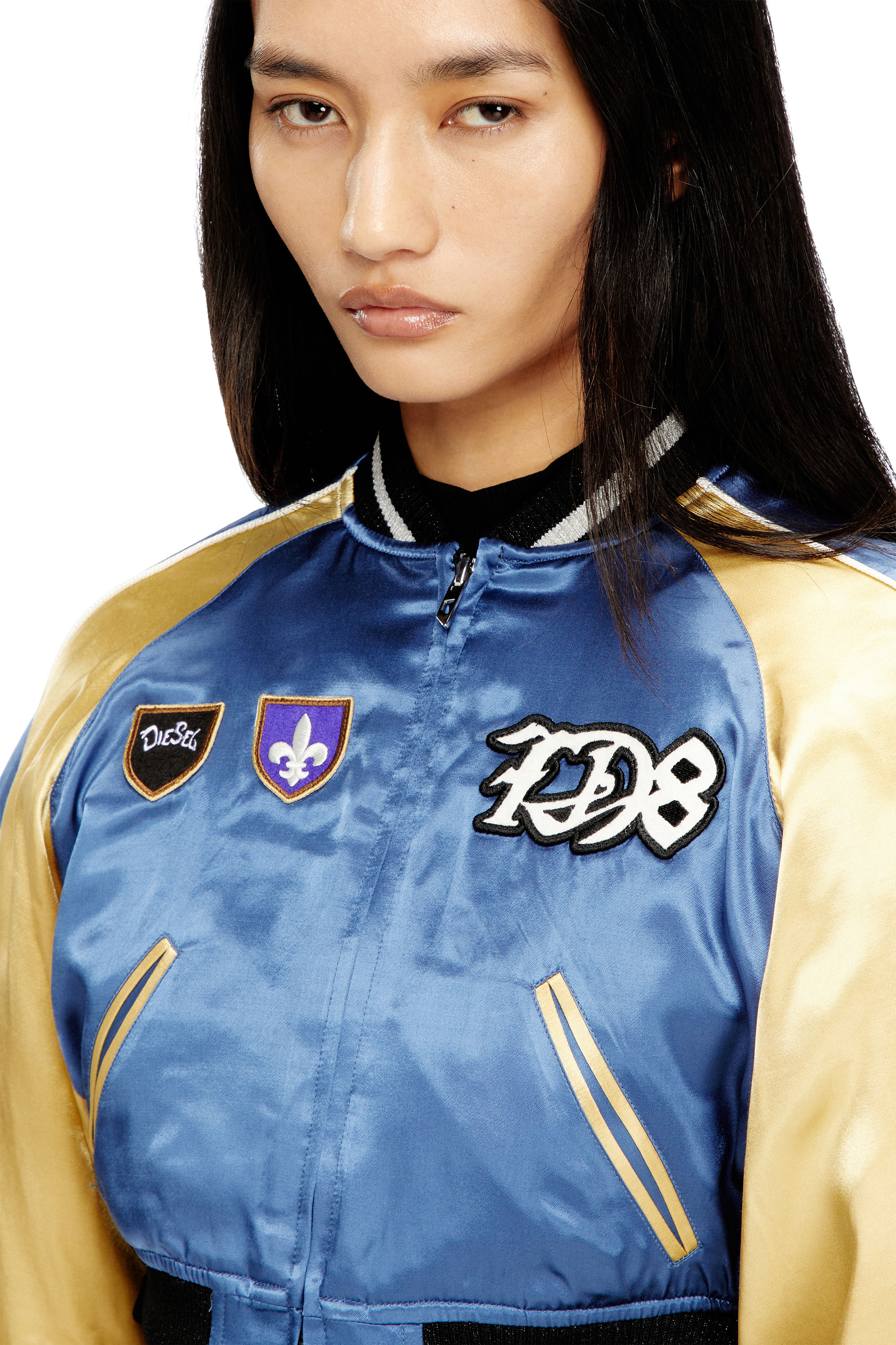 Diesel - G-OSPEL-CP, Female's Cropped satin souvenir jacket in Blue/Yellow - 4